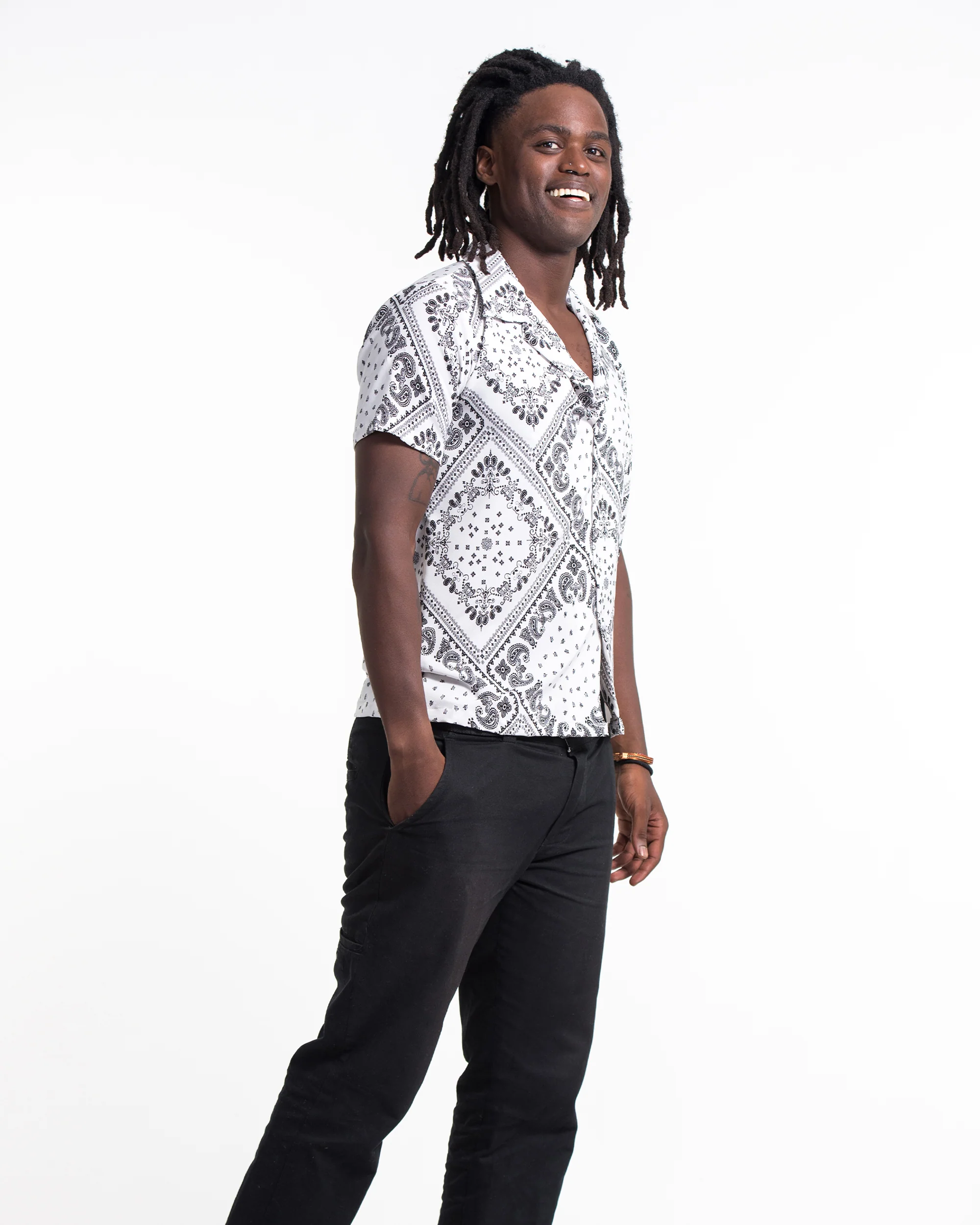 Patchwork Paisley Short Sleeve Button Shirt in White - Image 4