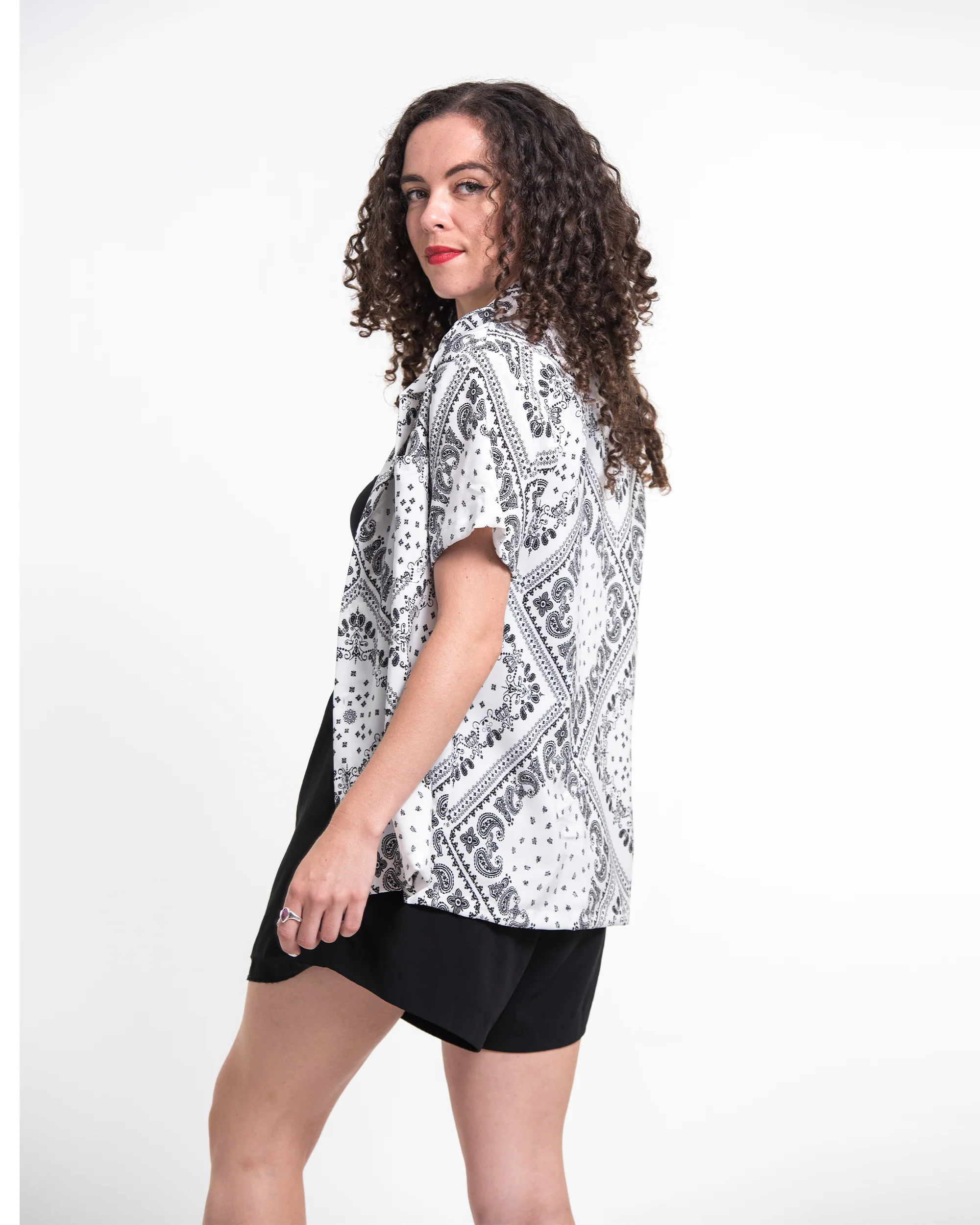 Patchwork Paisley Short Sleeve Button Shirt in White - Image 5