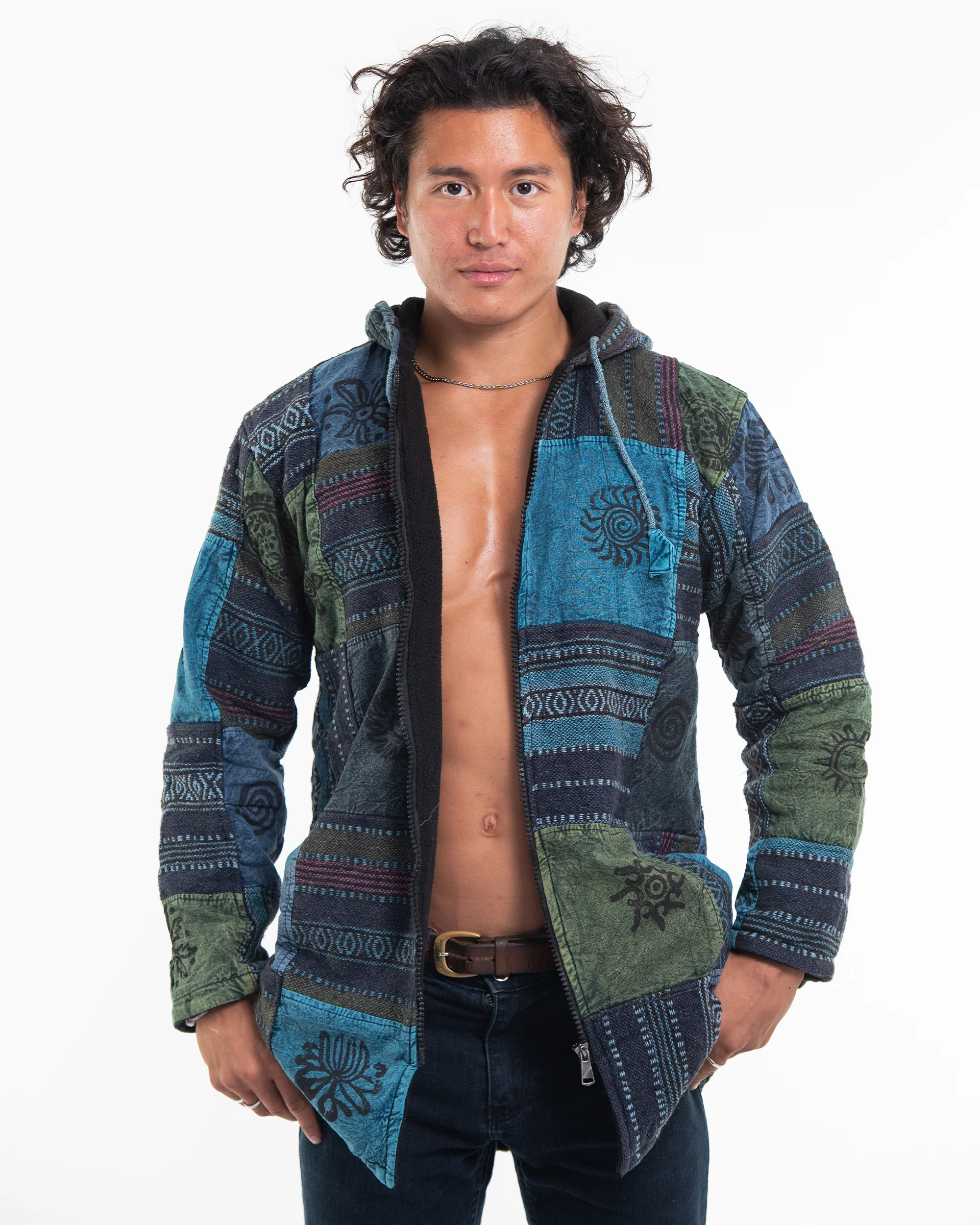 Patchwork Stone Washed Cotton Jacket in Blue 02 - Image 3
