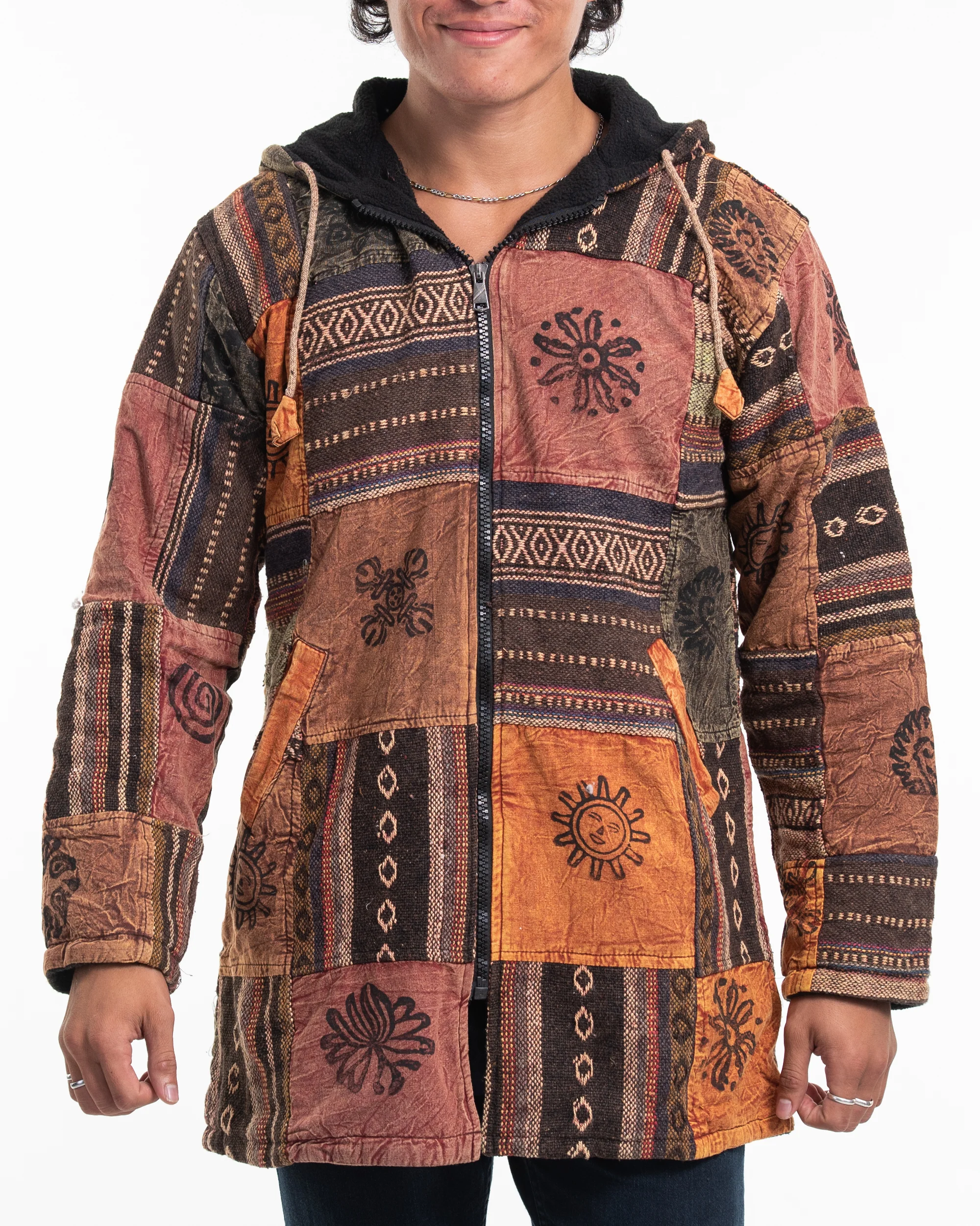 Patchwork Stone Washed Cotton Jacket in Brown 02 - Image 2