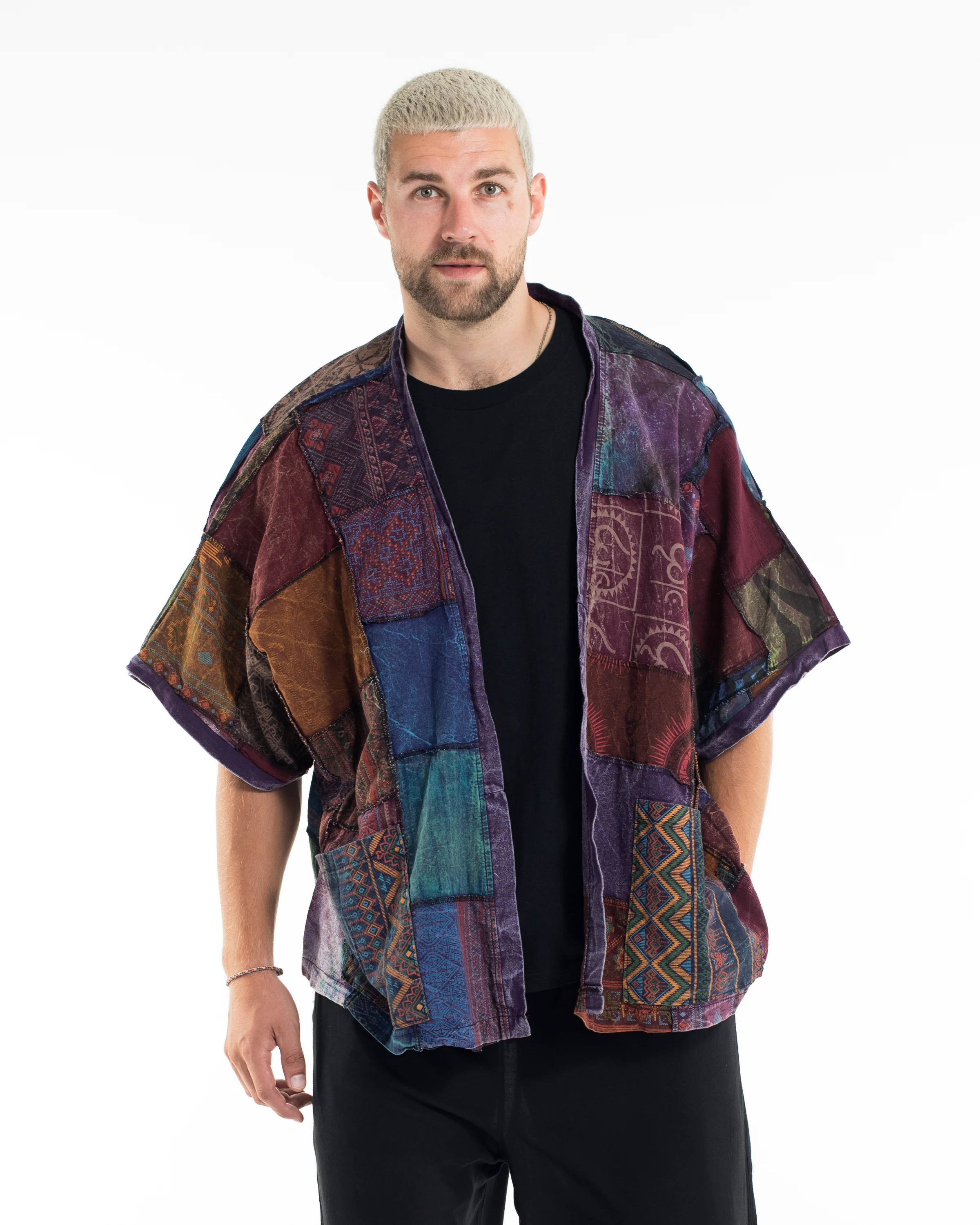 Patchwork Stonewash Cardigan Jacket in Multi Purple - Image 3