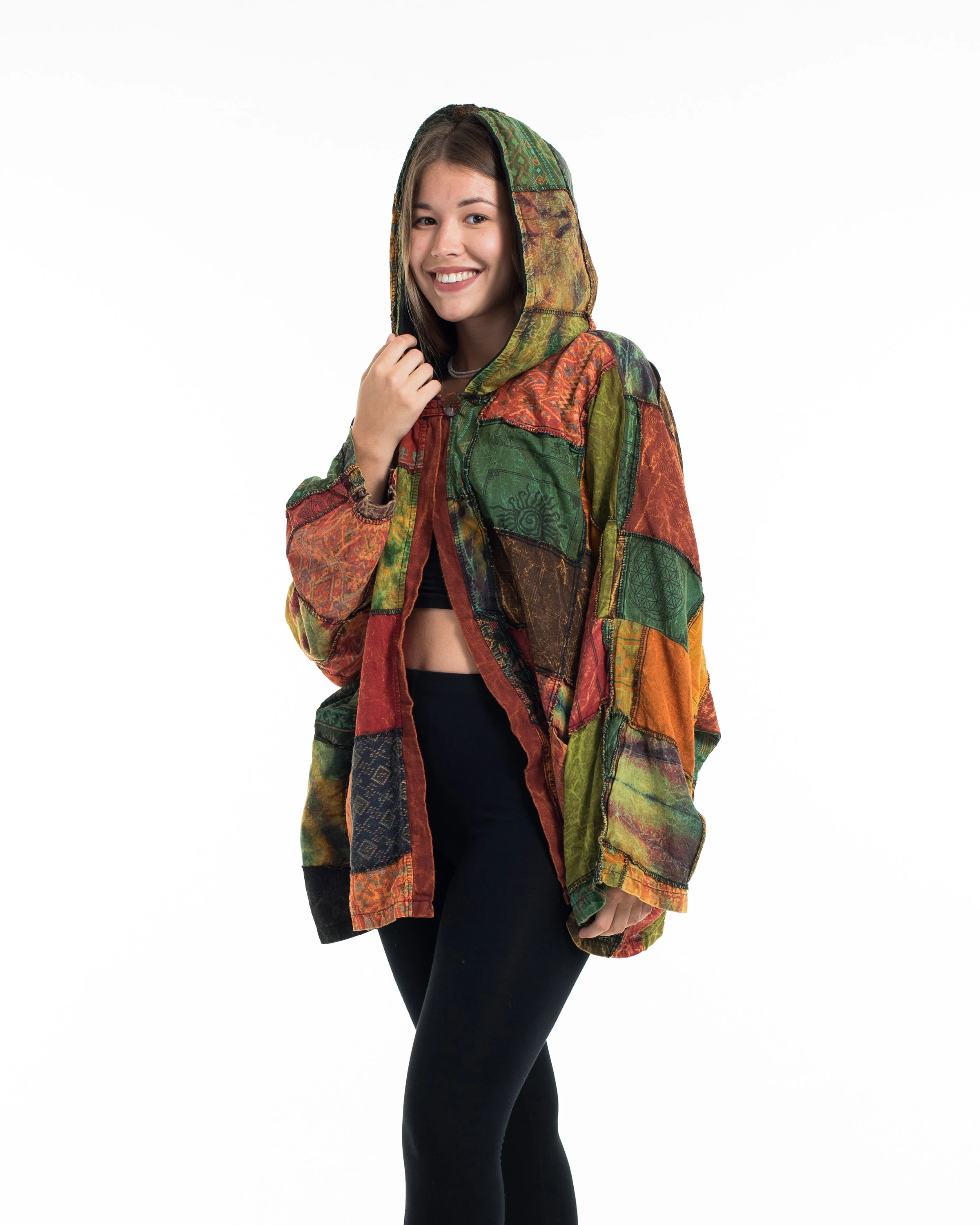 Patchwork Stonewash Hooded Jacket in Multi Orange - Image 3