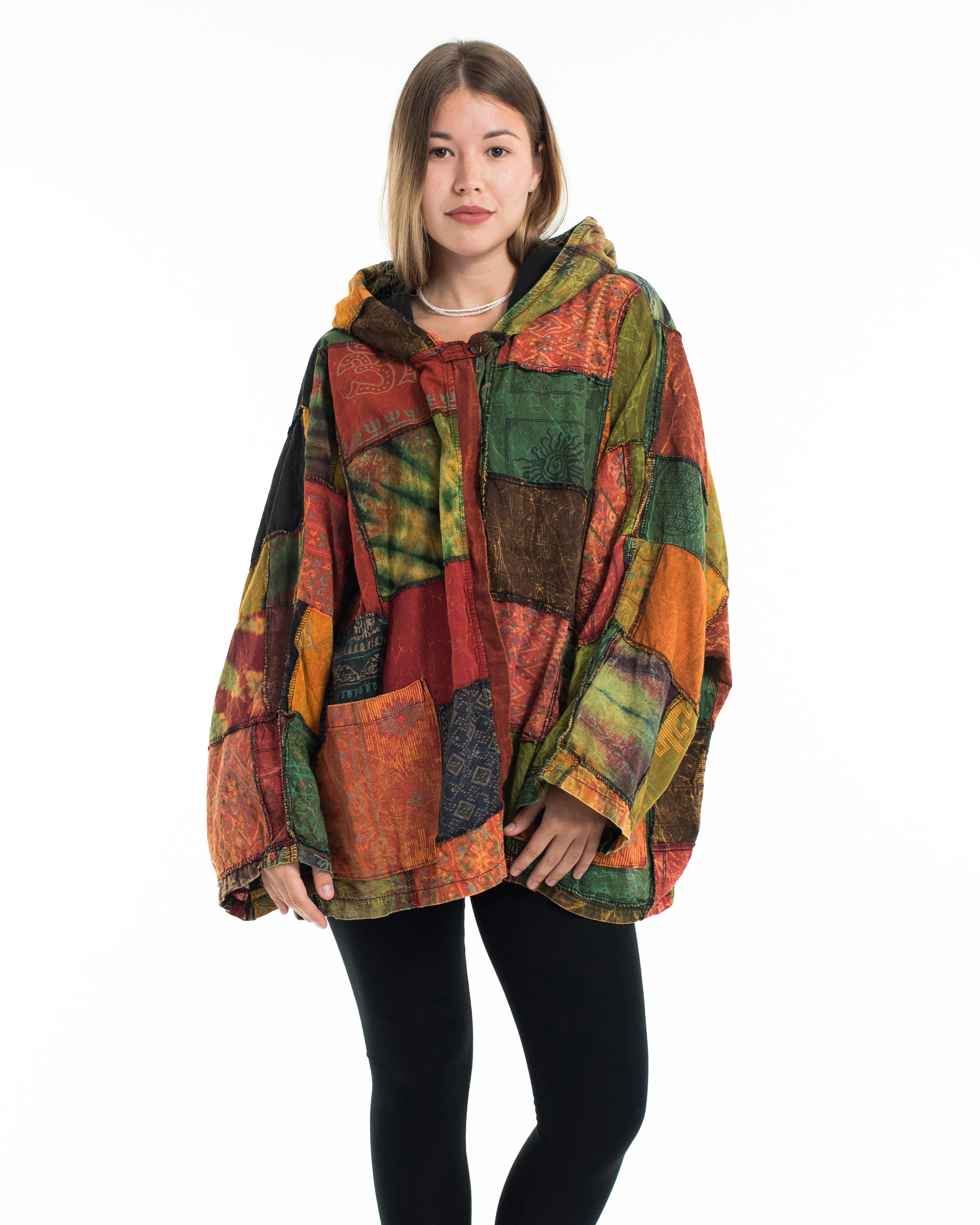 Patchwork Stonewash Hooded Jacket in Multi Orange - Image 5
