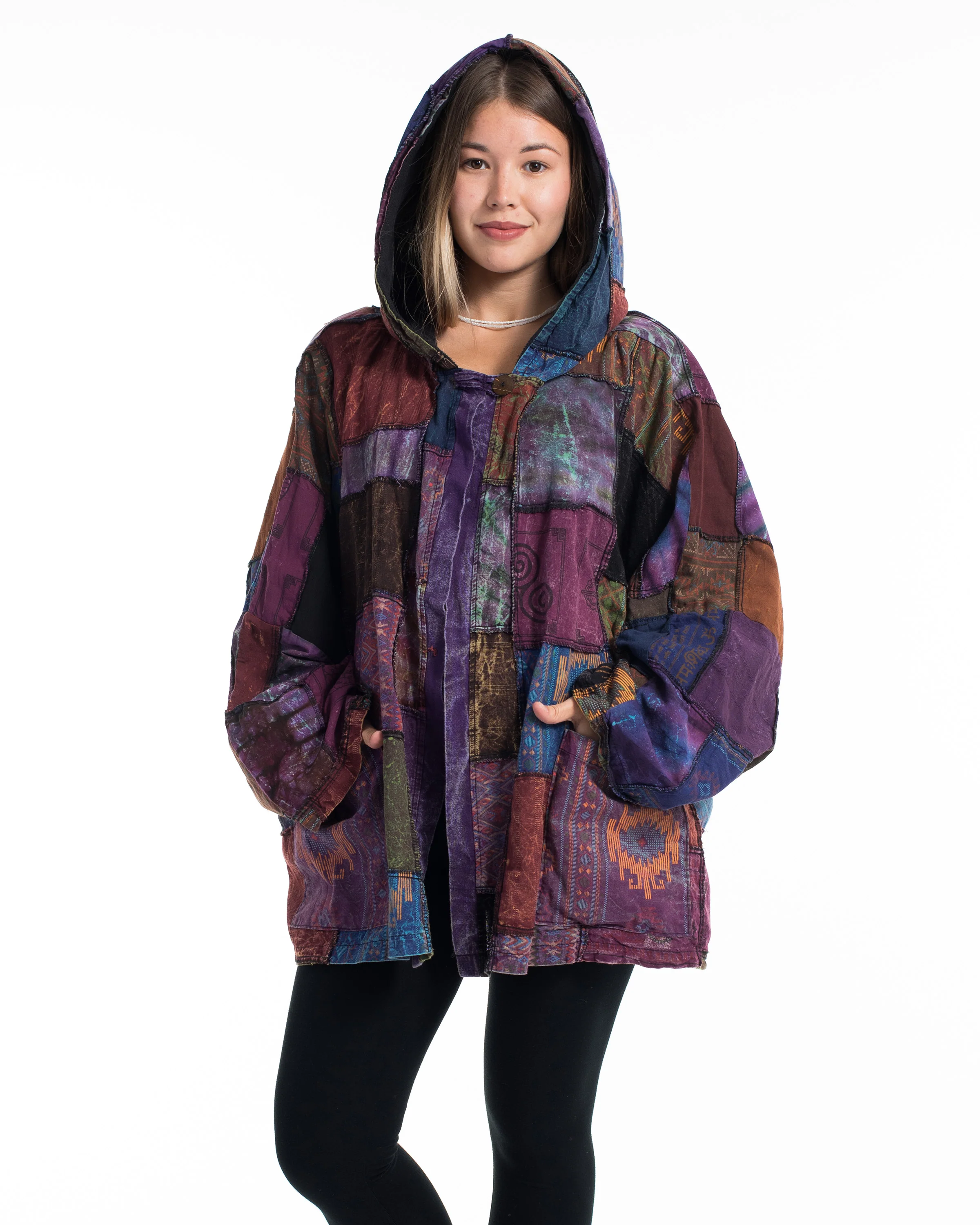 Patchwork Stonewash Hooded Jacket in Multi Purple - Image 3