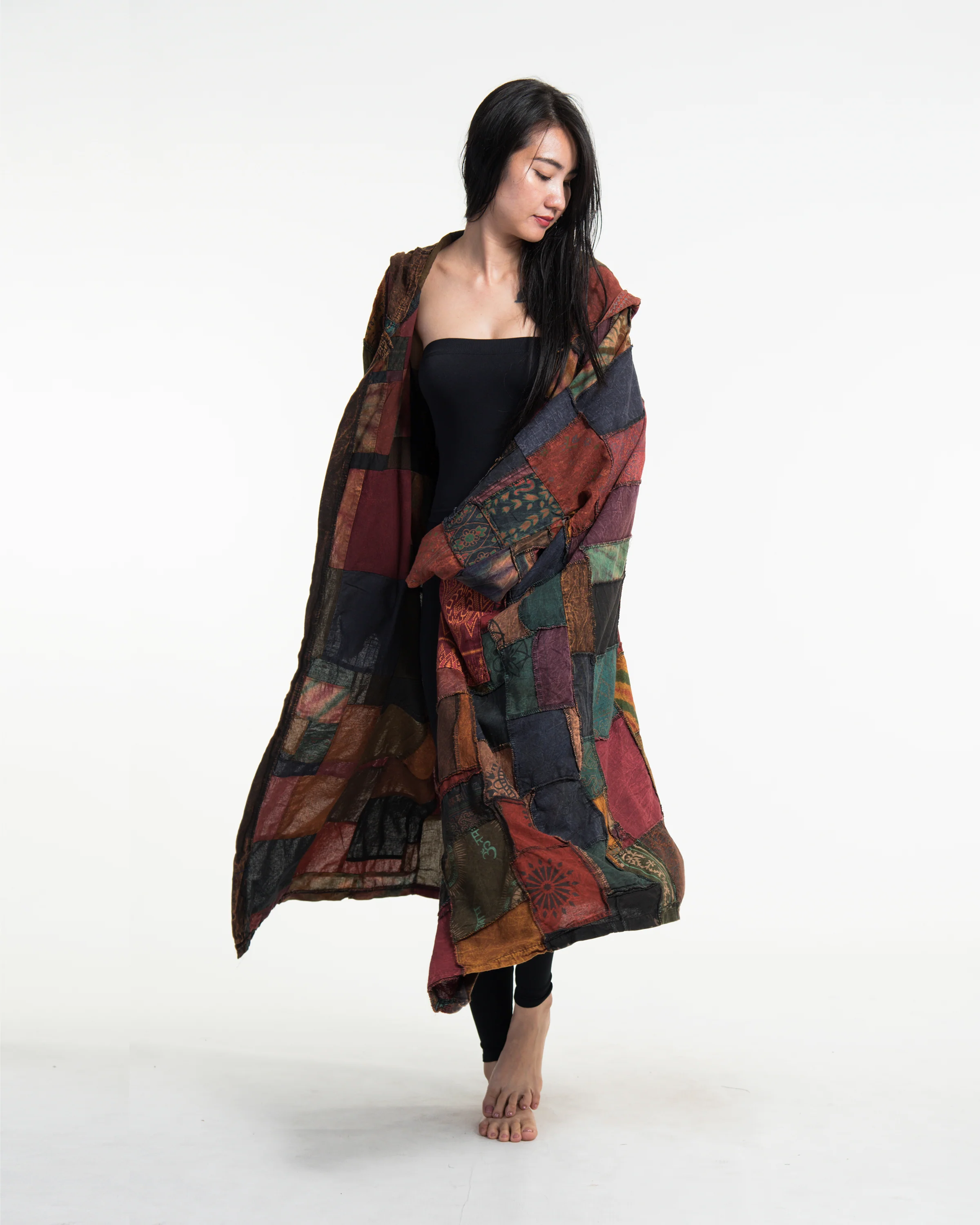Patchwork Stonewash Hooded Long Kimono Robe in Multi Brown - Image 2