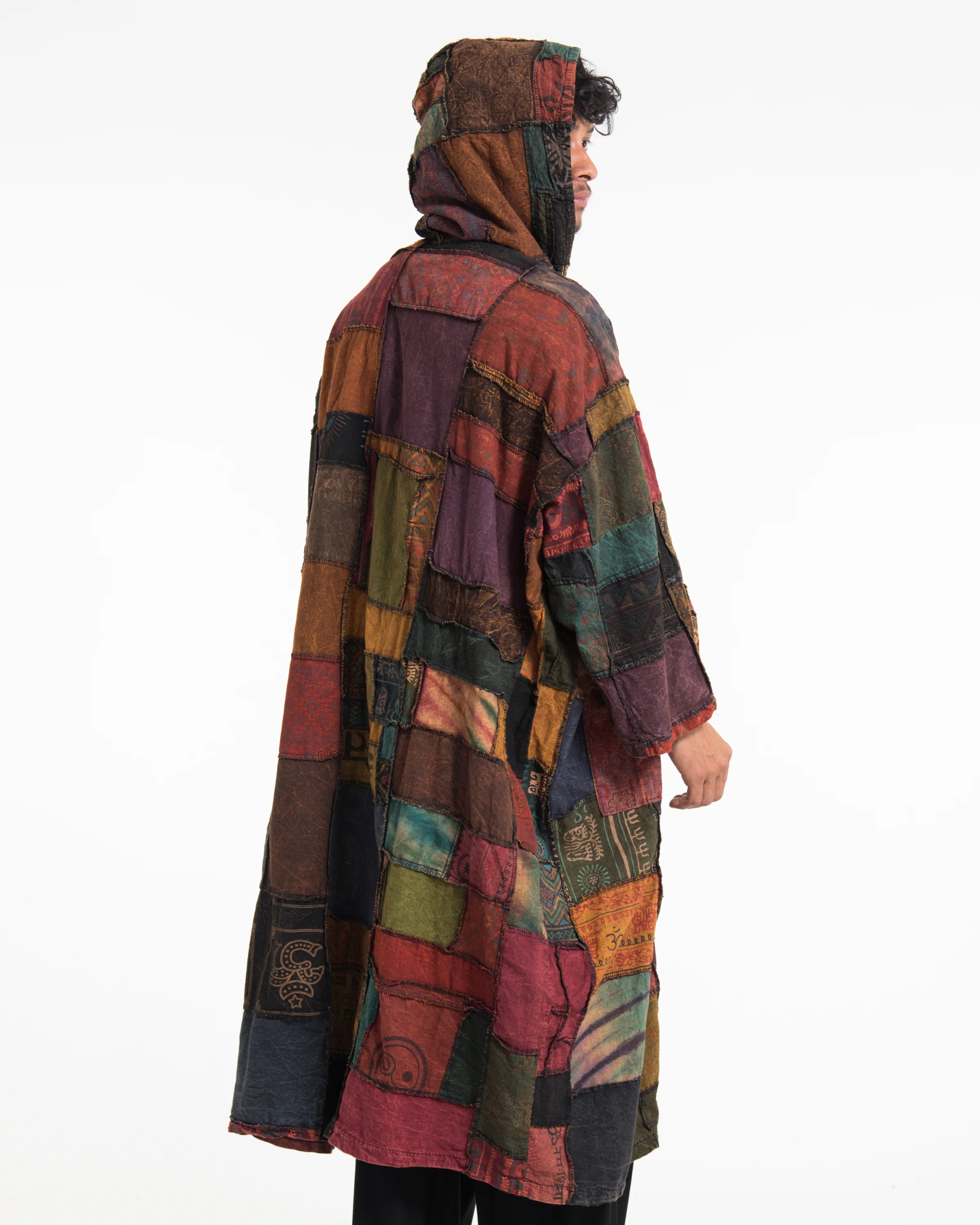 Patchwork Stonewash Hooded Long Kimono Robe in Multi Brown
