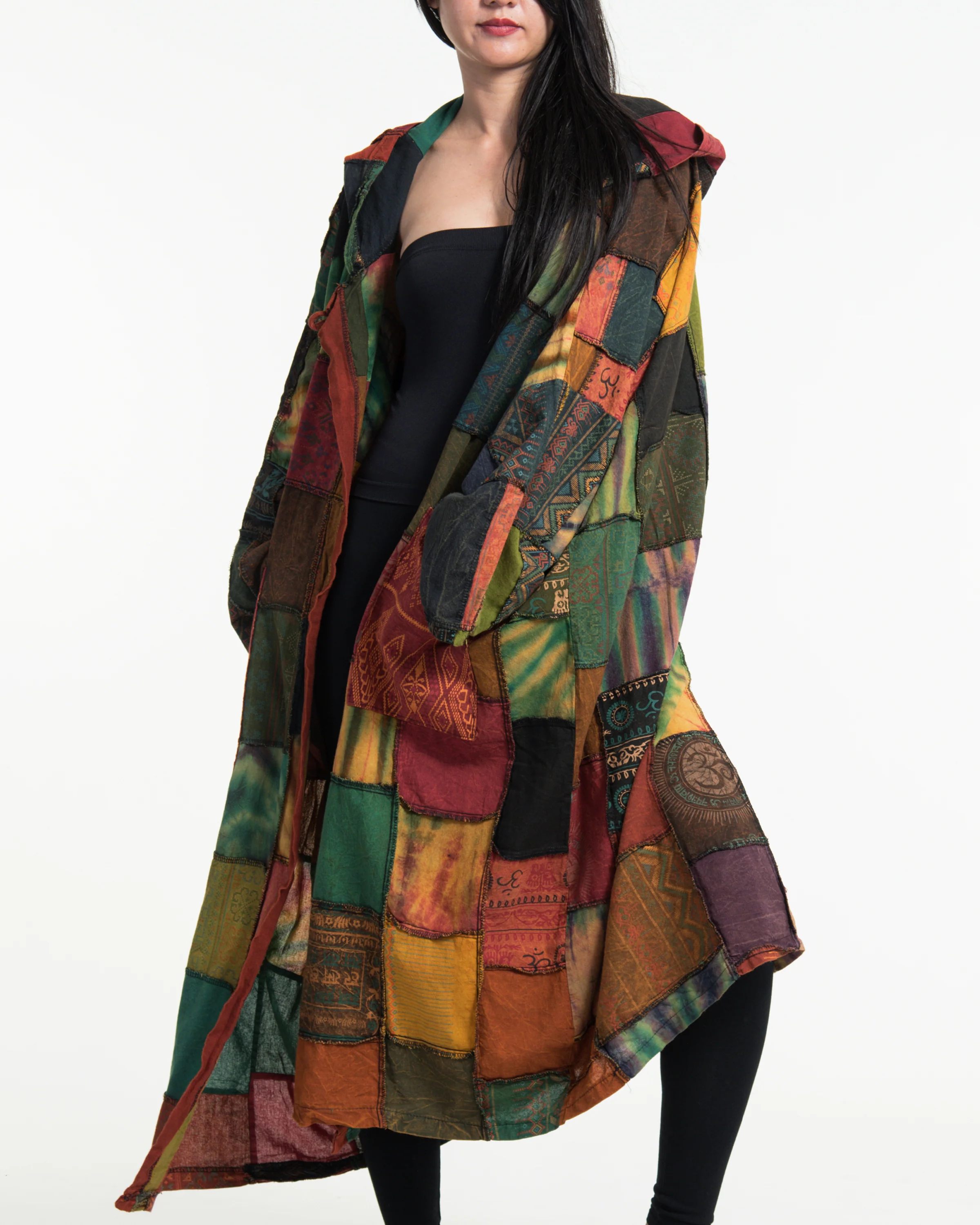 Patchwork Stonewash Hooded Long Kimono Robe in Multi Yellow - Image 4