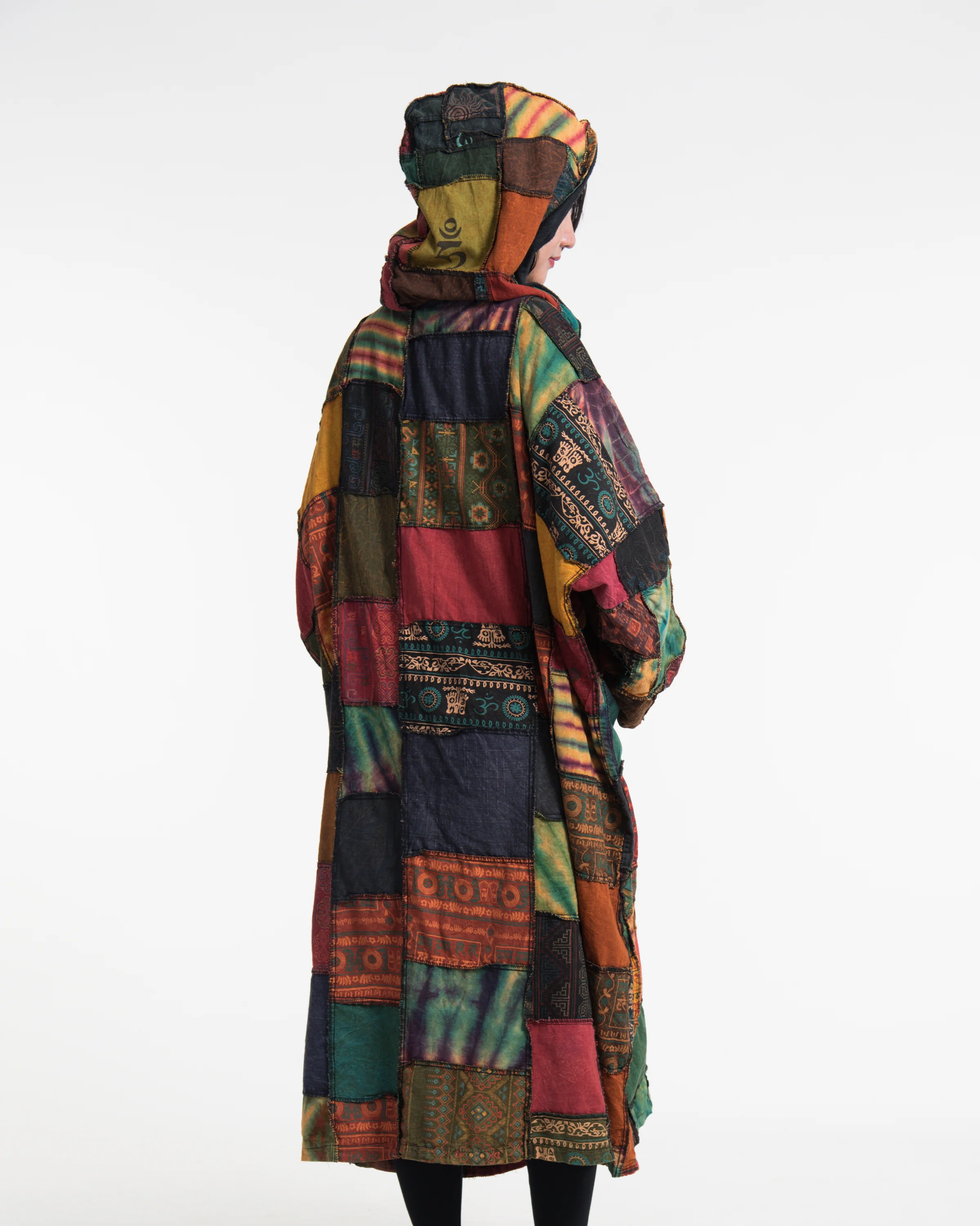 Patchwork Stonewash Hooded Long Kimono Robe in Multi Yellow - Image 5