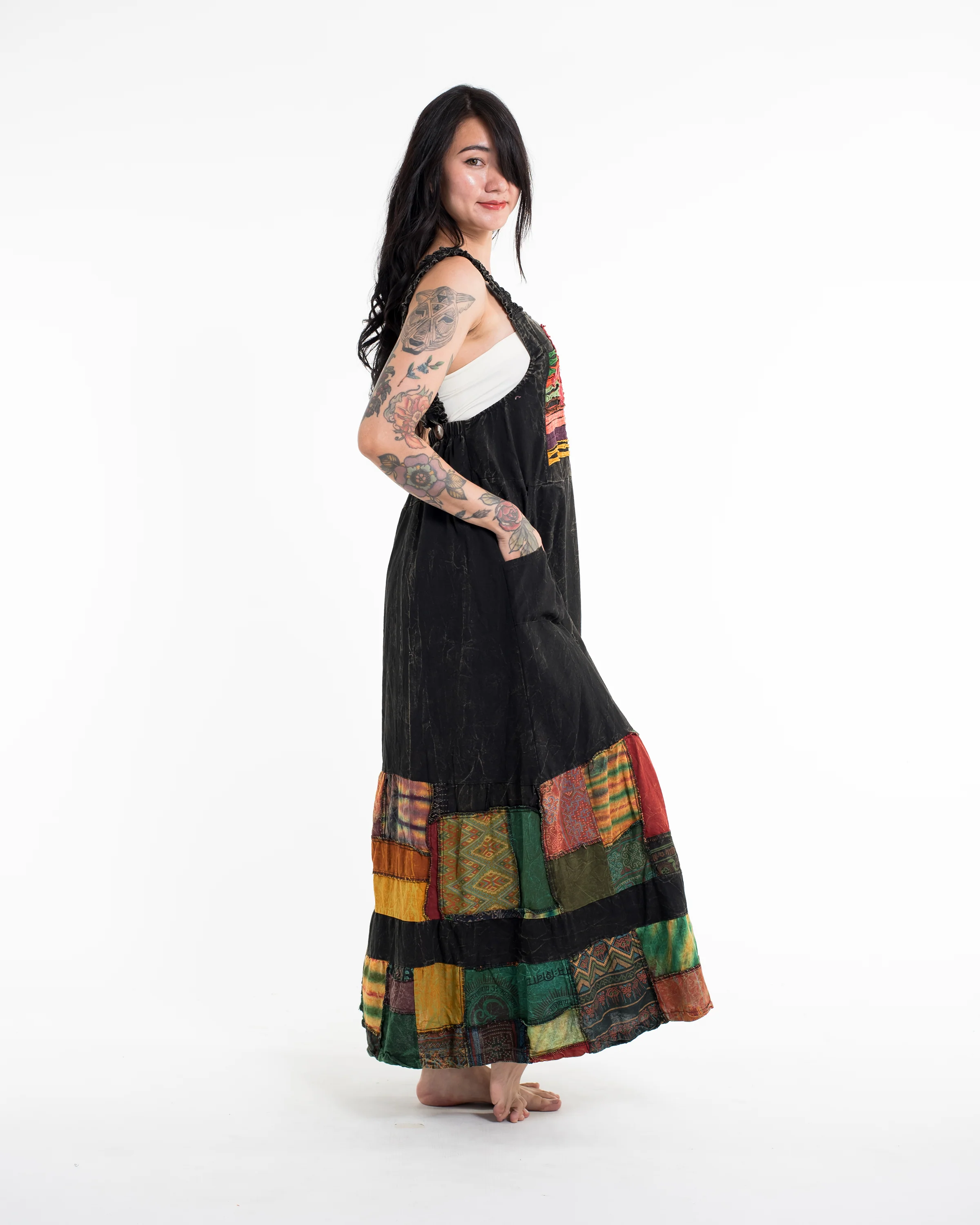 Patchwork Stonewash Overall Dress in Multi Black - Image 2
