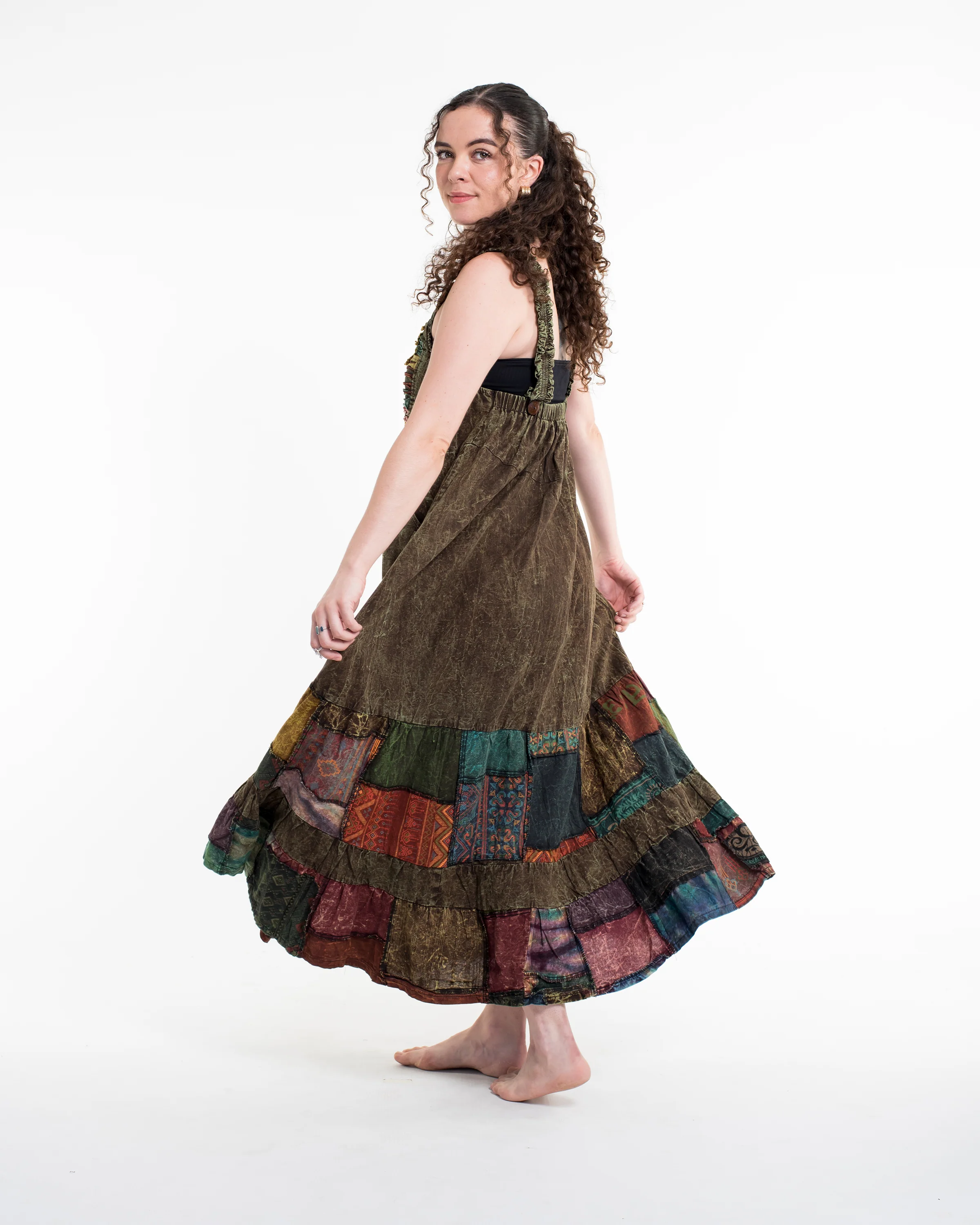 Patchwork Stonewash Overall Dress in Multi Olive - Image 2