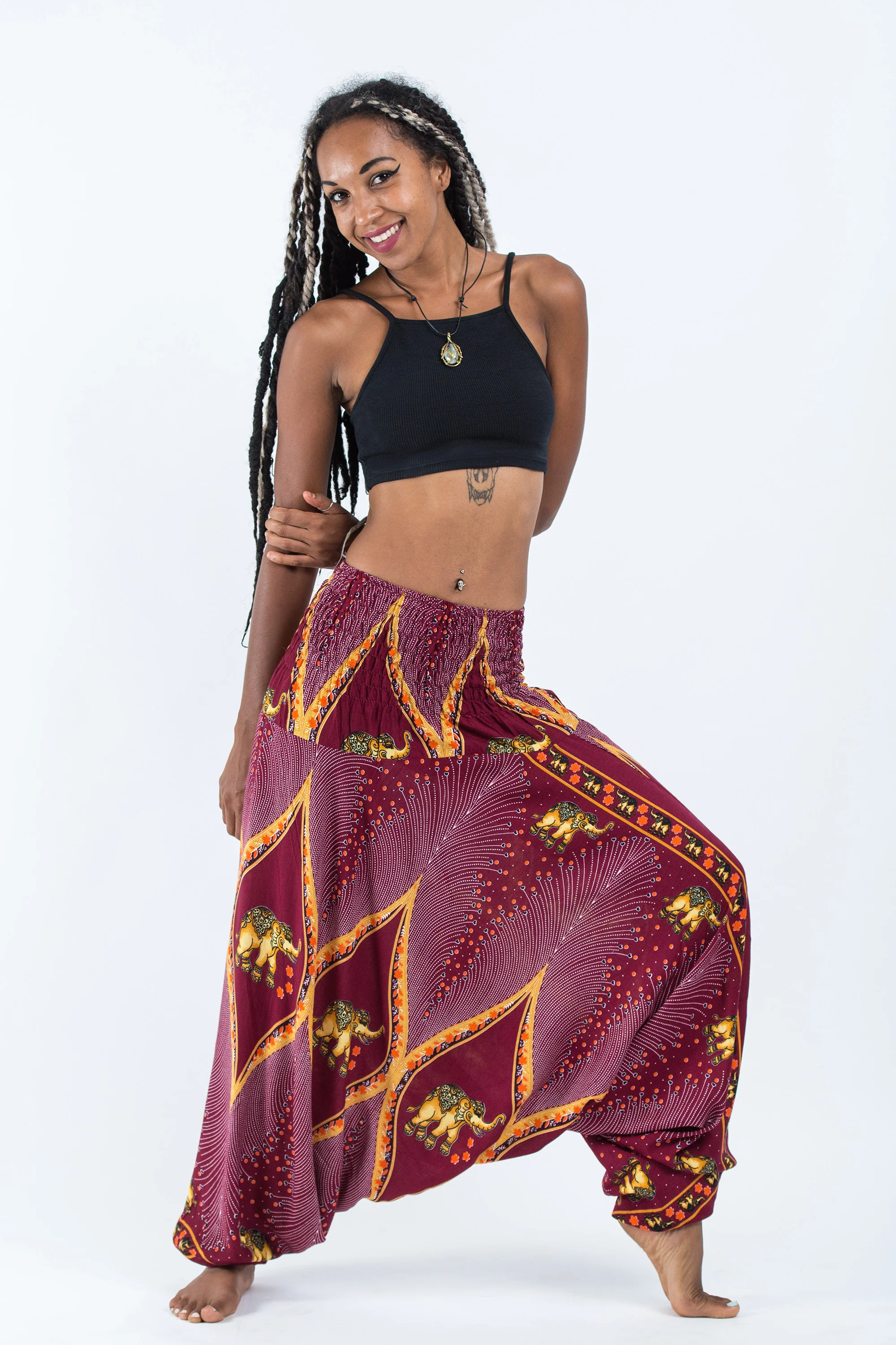 Peacock Elephant 2-in-1 Jumpsuit Elephant Pants in Red