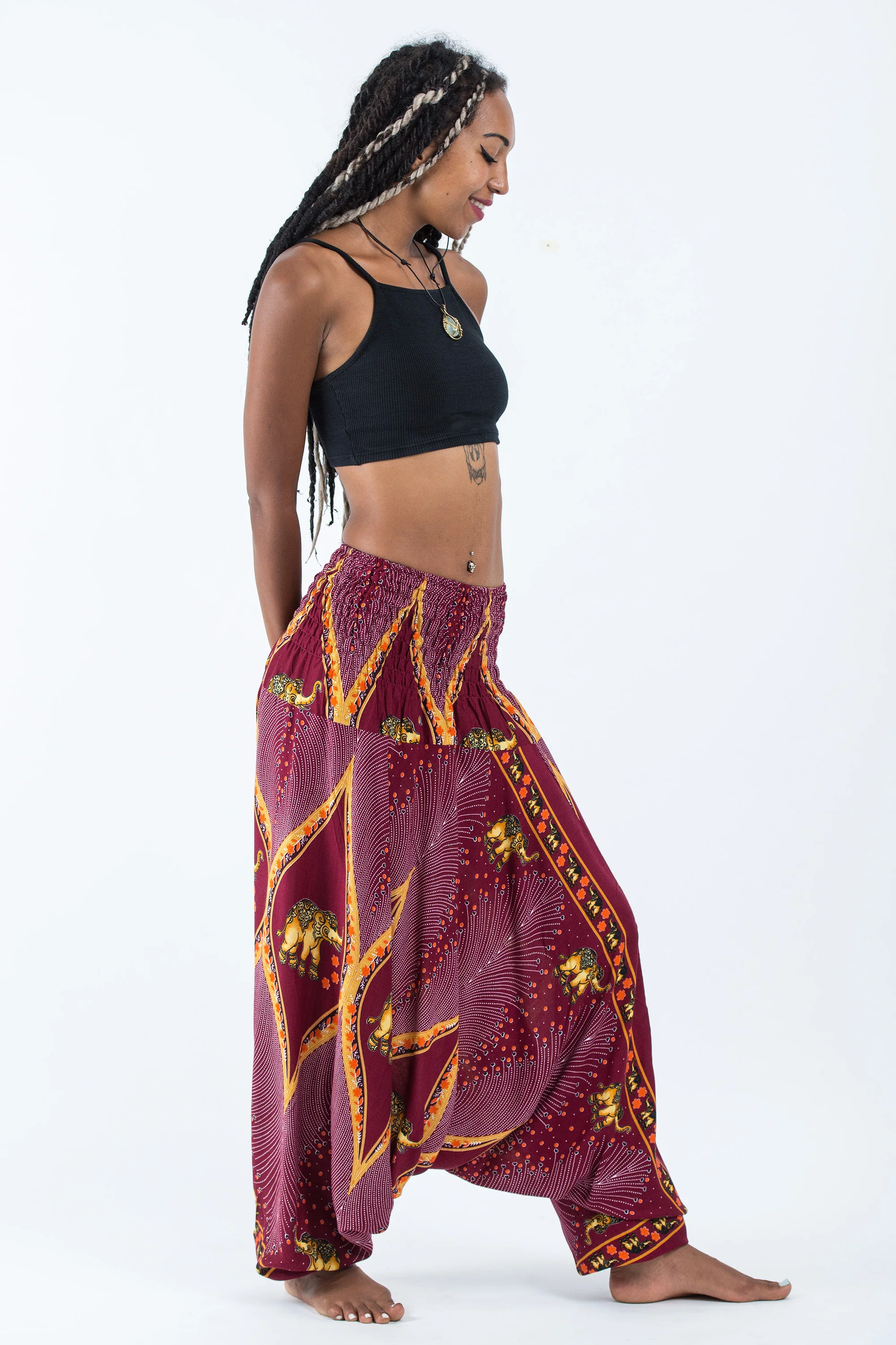 Peacock Elephant 2-in-1 Jumpsuit Elephant Pants in Red - Image 3