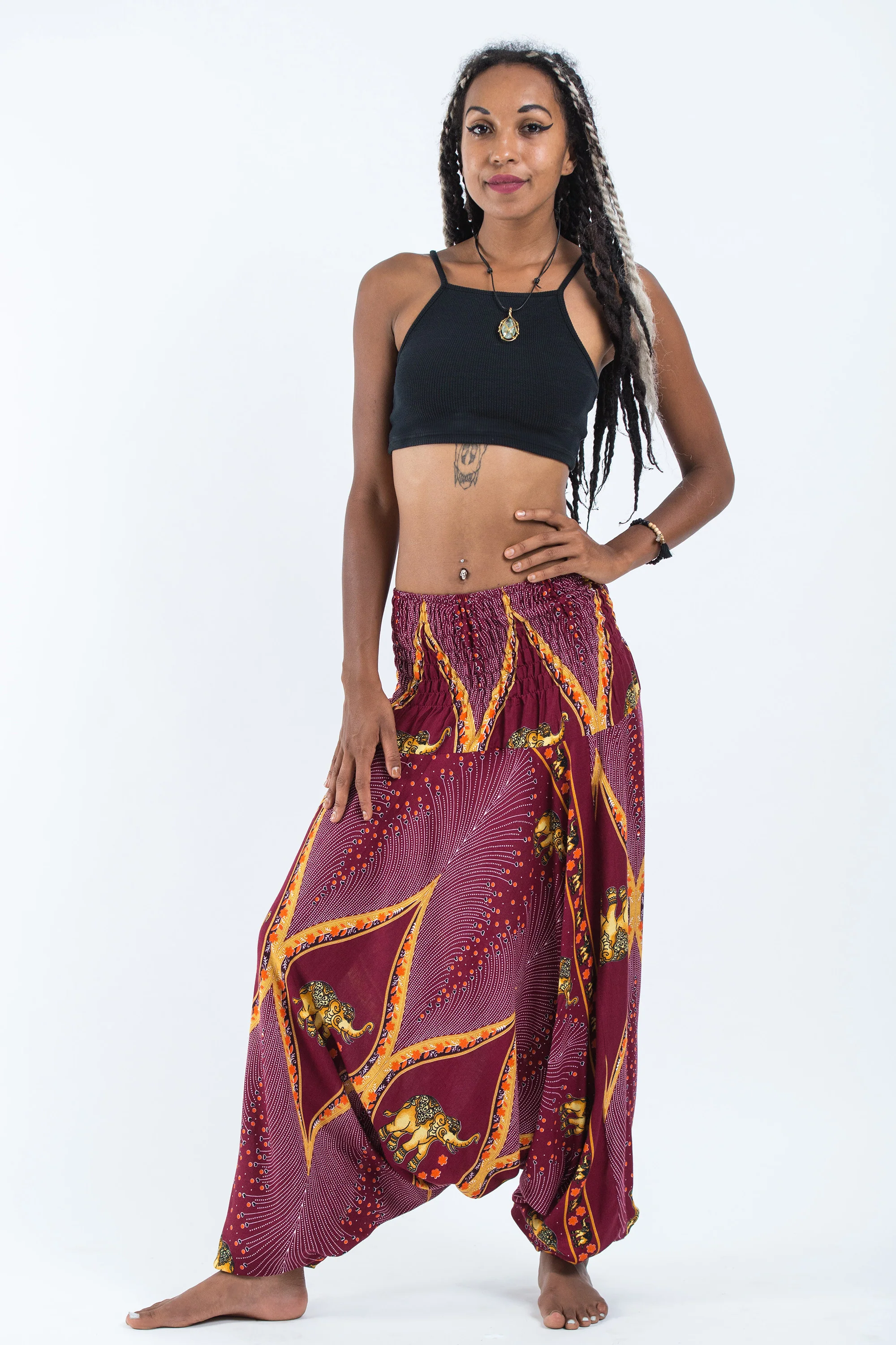Peacock Elephant 2-in-1 Jumpsuit Elephant Pants in Red - Image 5