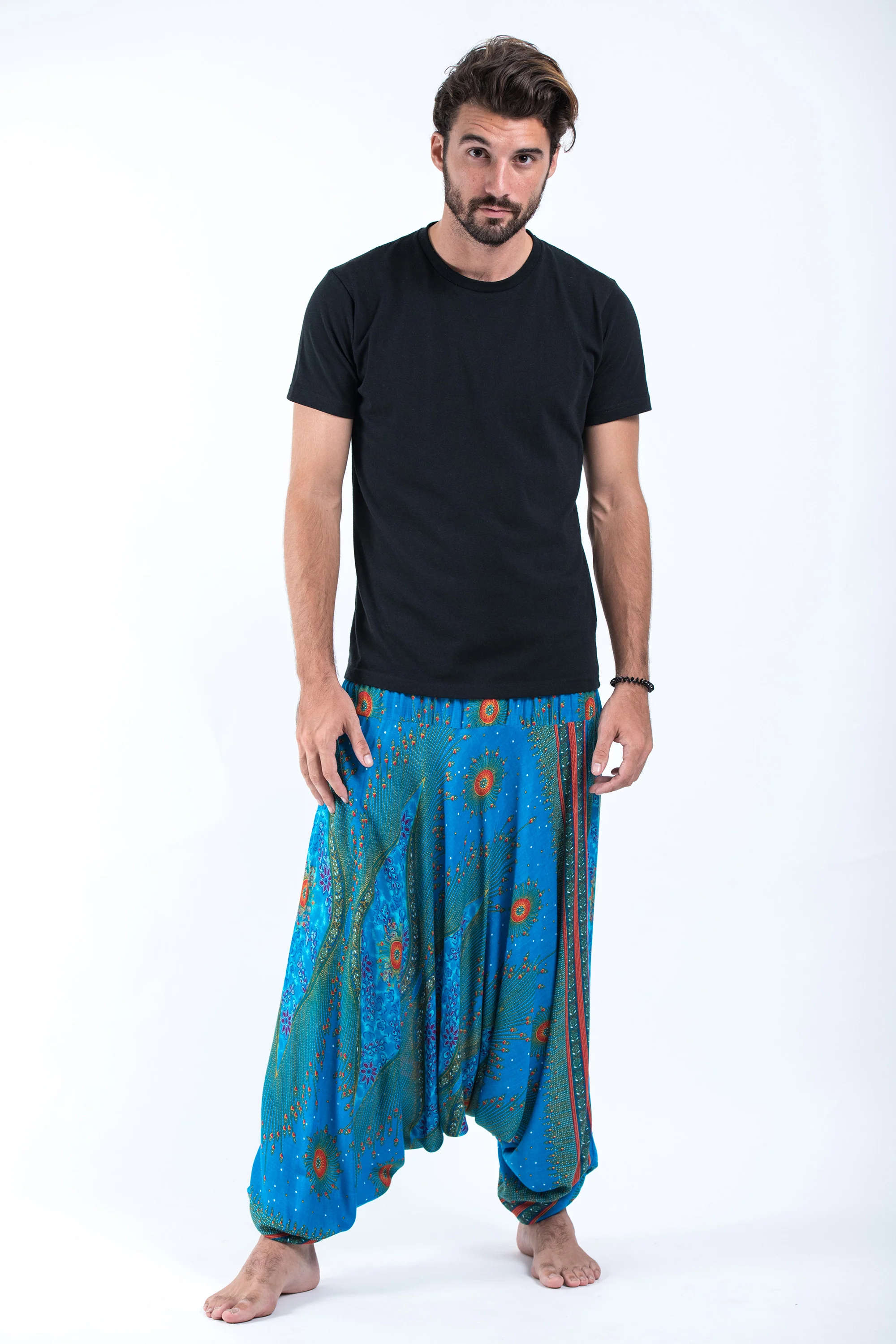 Peacock Eye Drop Crotch Men's Harem Pants in Blue