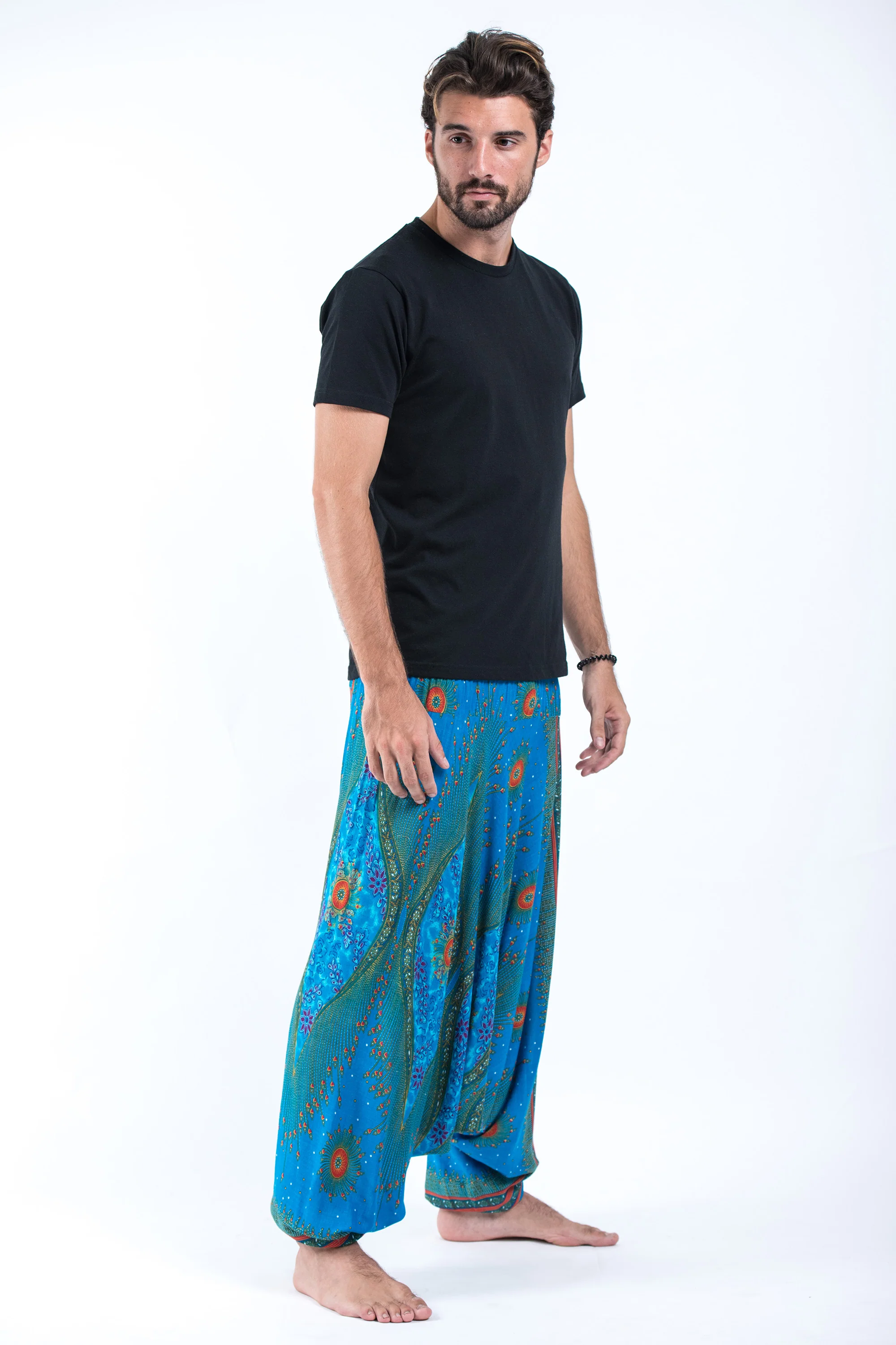 Peacock Eye Drop Crotch Men's Harem Pants in Blue - Image 3