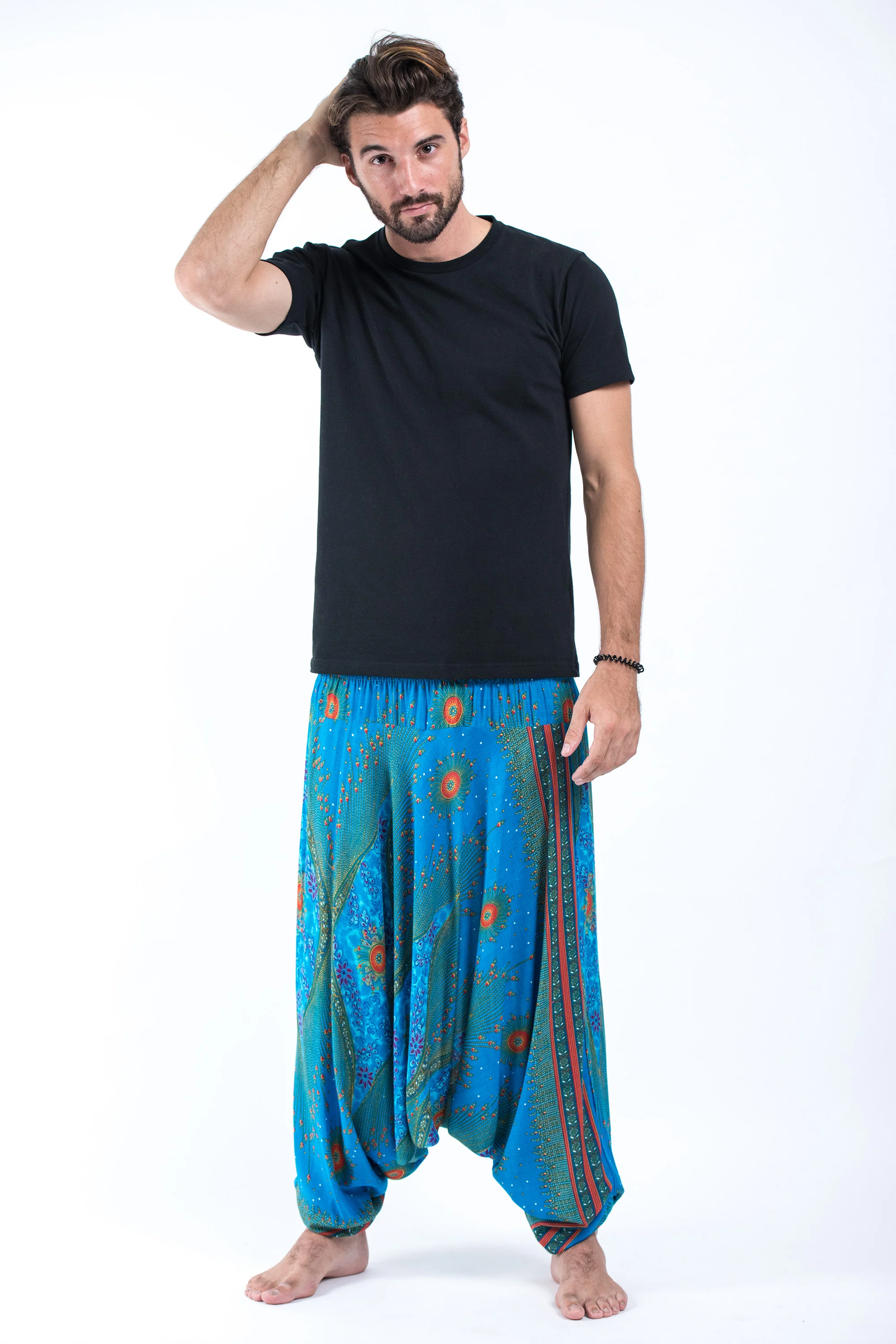 Peacock Eye Drop Crotch Men's Harem Pants in Blue - Image 4