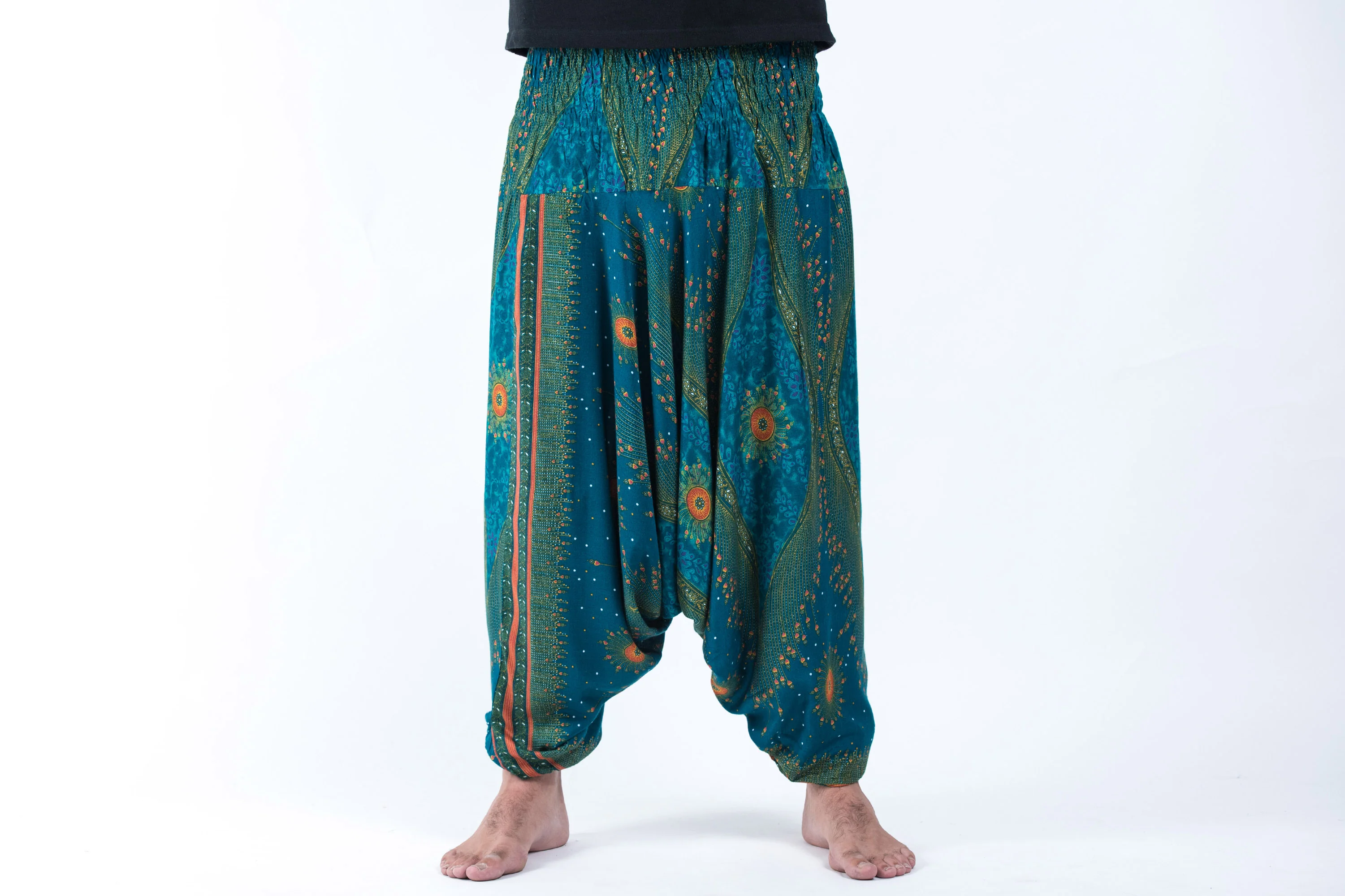 Peacock Eye Drop Crotch Men's Harem Pants in Turquoise - Image 2