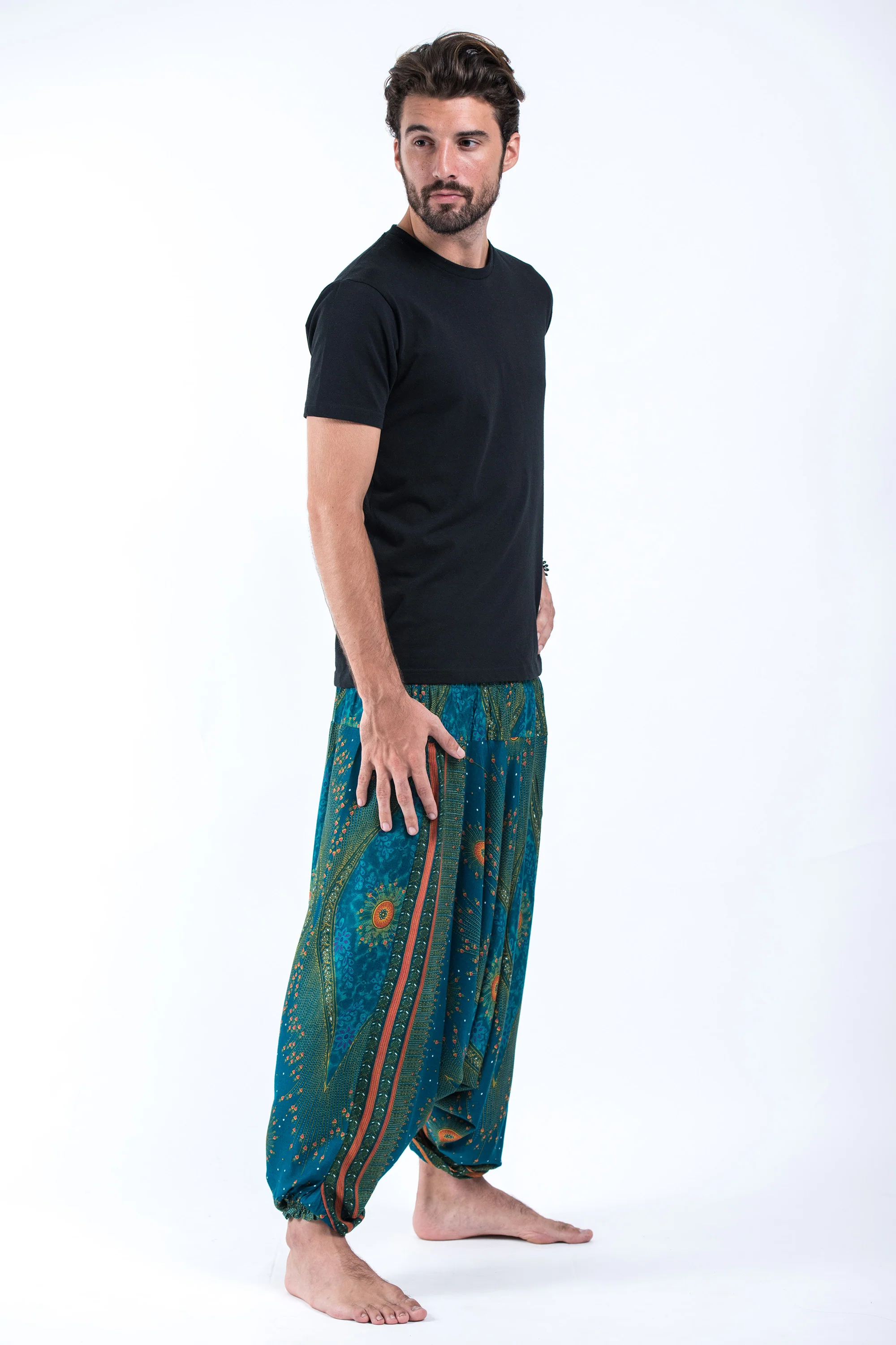 Peacock Eye Drop Crotch Men's Harem Pants in Turquoise - Image 3