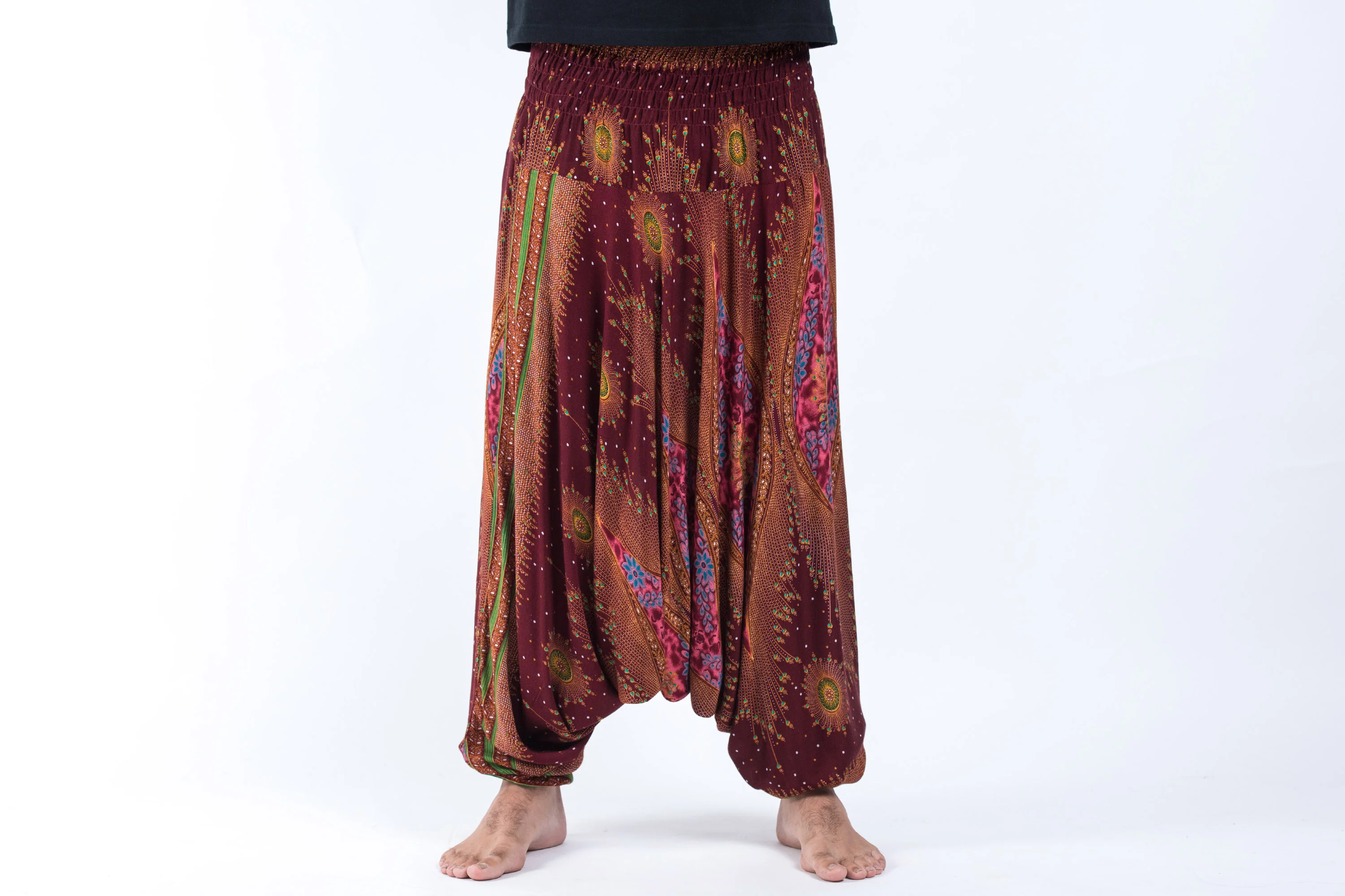 Peacock Eye Drop Crotch Men's Harem Pants in Wine - Image 2