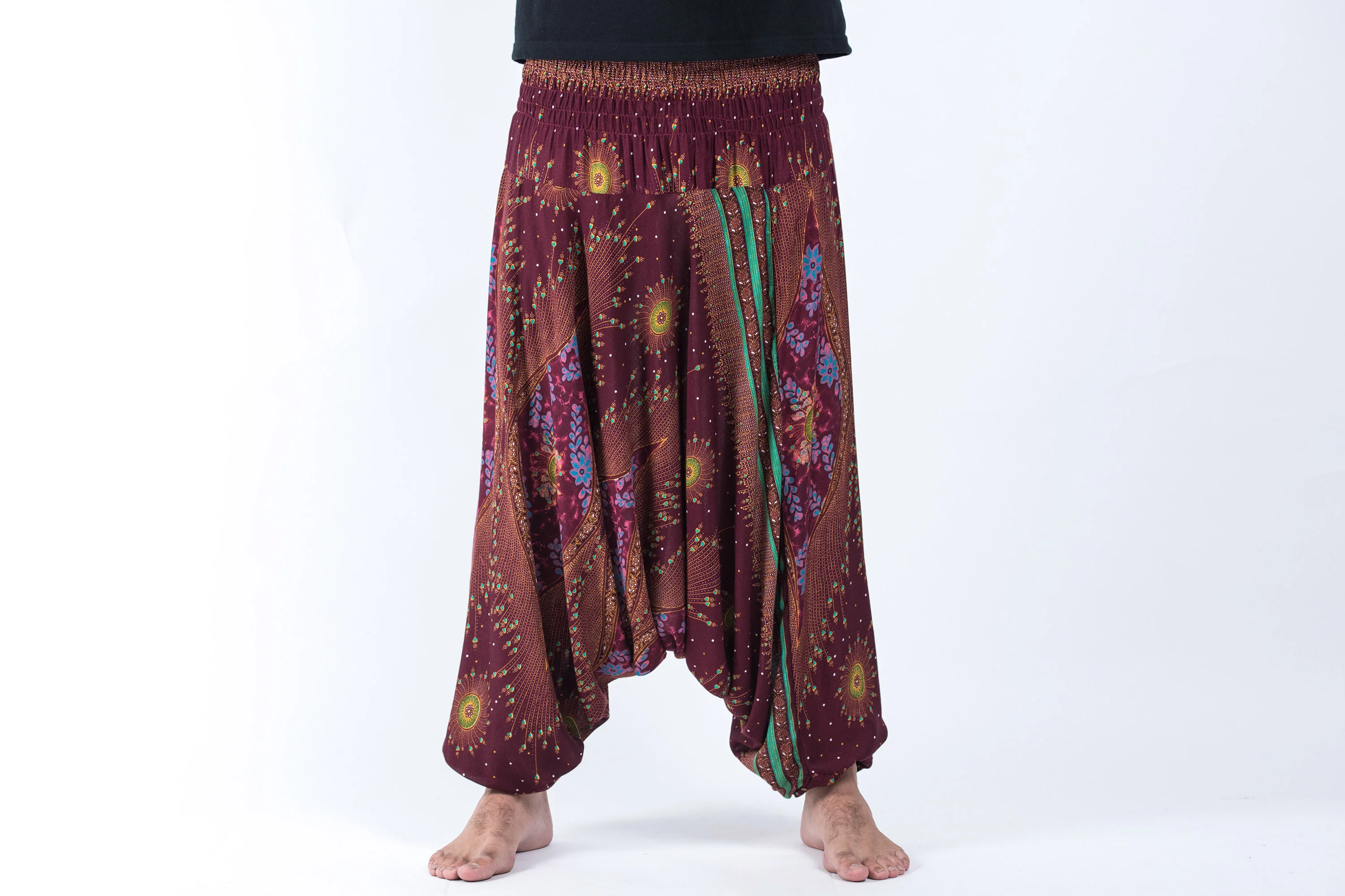 Peacock Eye Drop Crotch Men's Harem Pants in Wine - Image 6