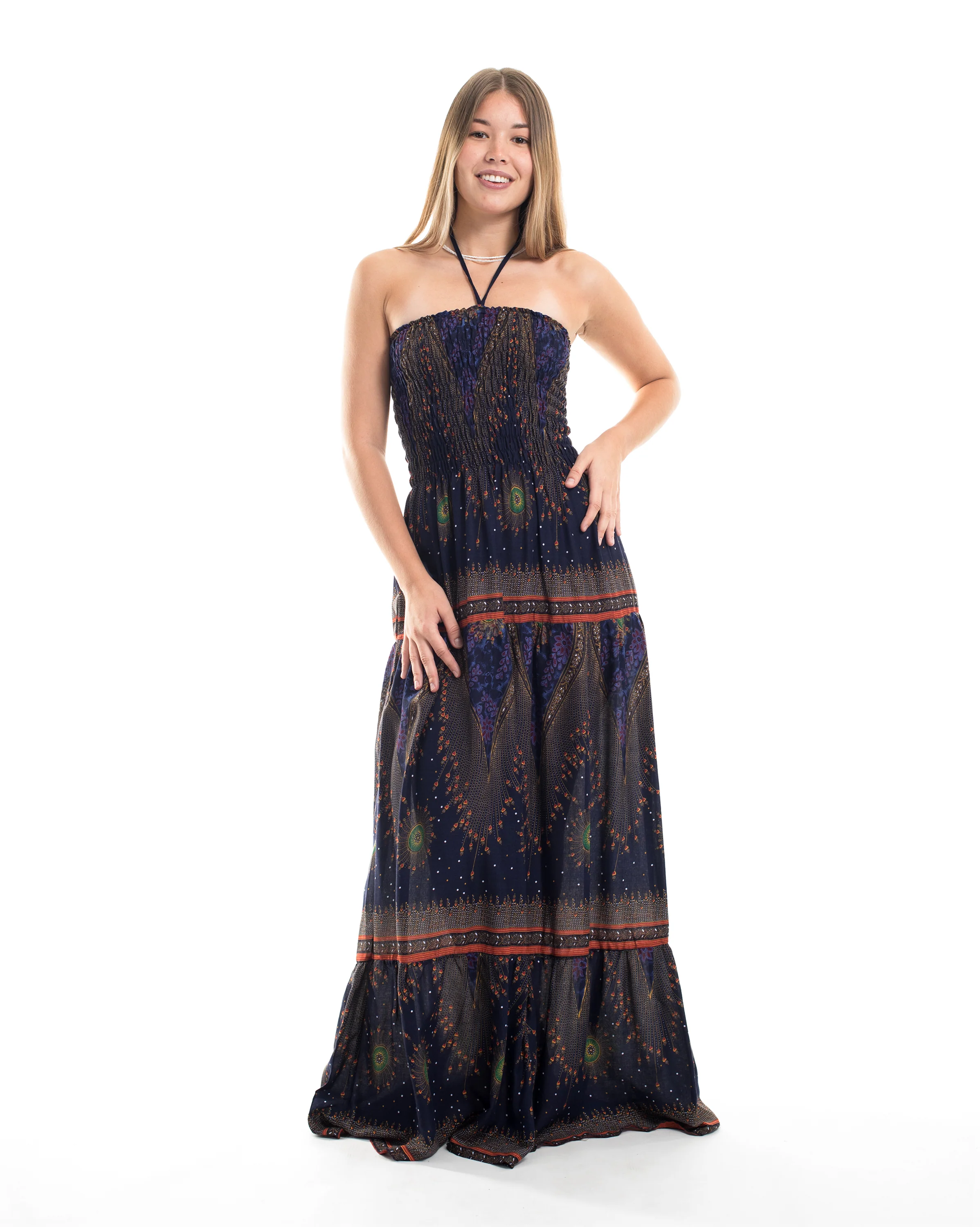 Peacock Eye Smocked Maxi Dress in Navy - Image 2