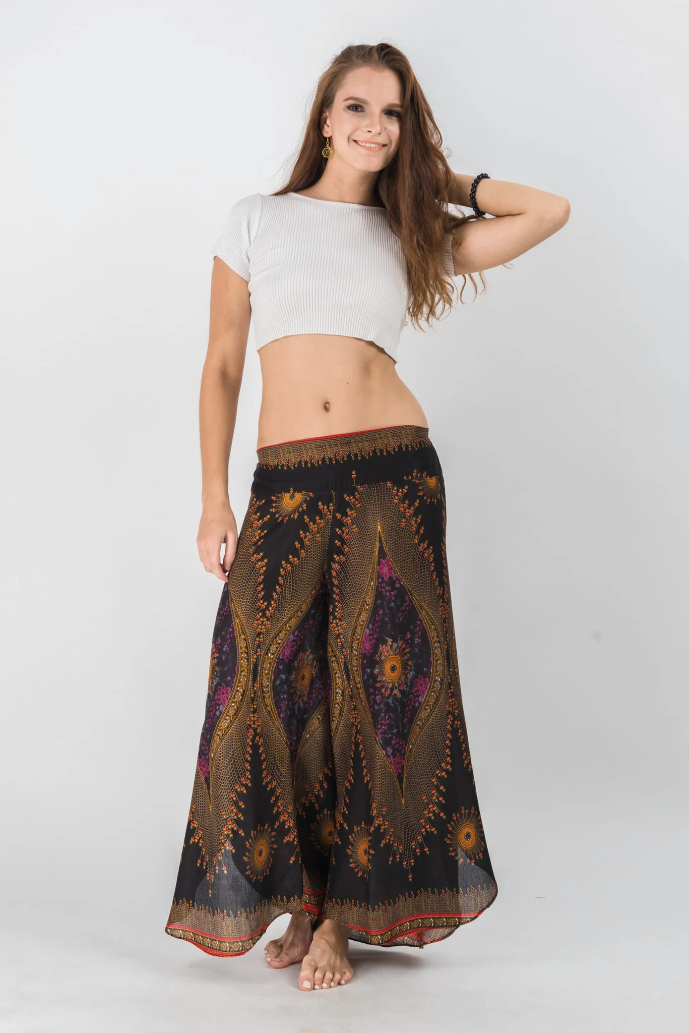 Peacock Eyes Palazzo Style Harem Pants in Floral Black