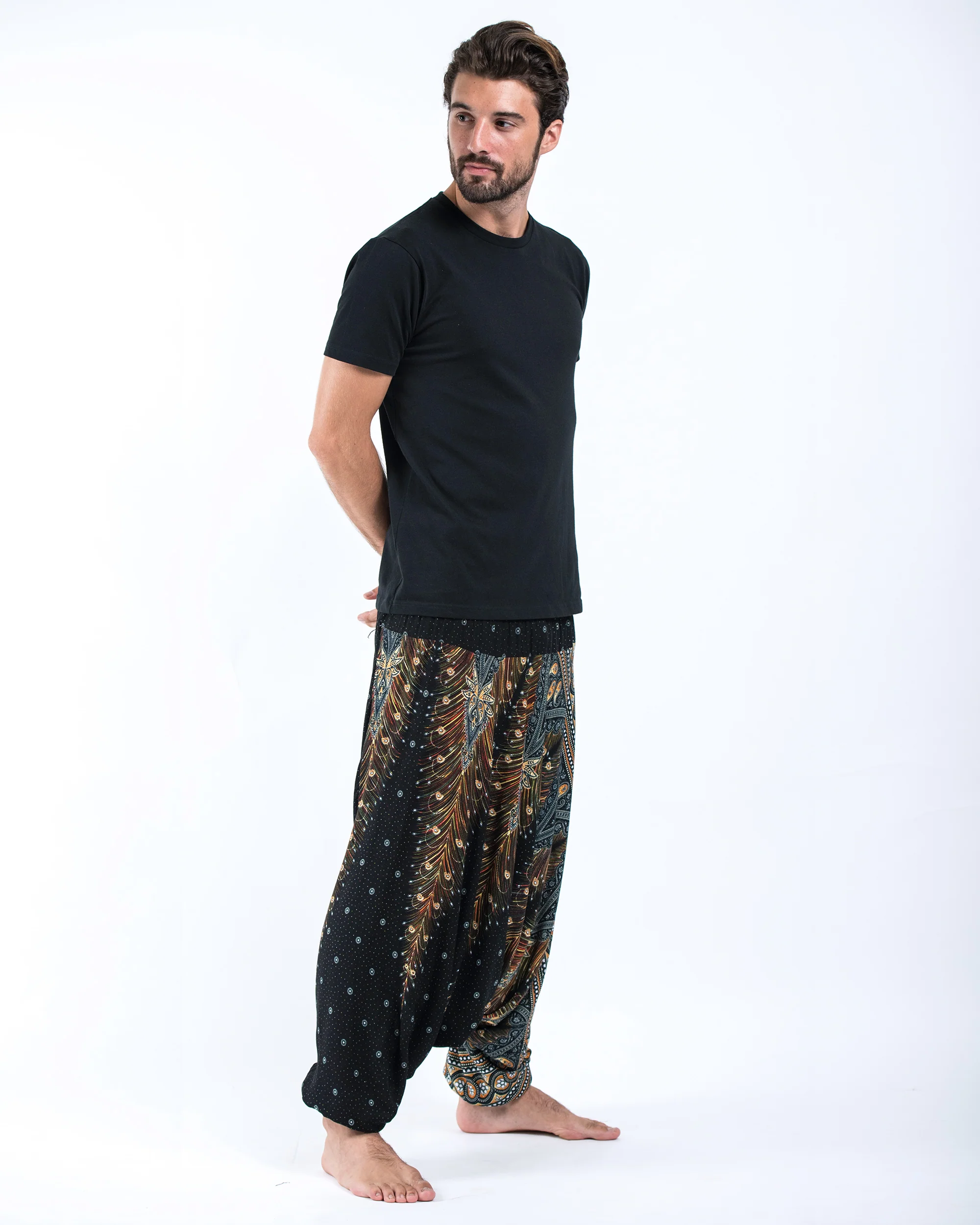 Peacock Feathers Drop Crotch Men's Harem Pants in Black - Image 3