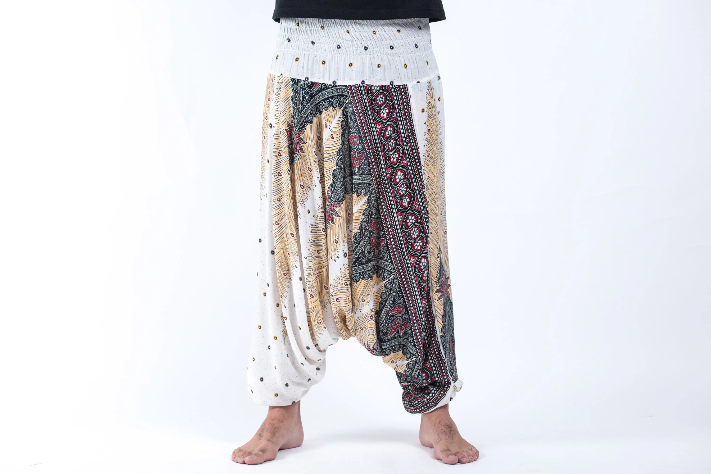 Peacock Feathers Drop Crotch Men's Harem Pants in White - Image 2