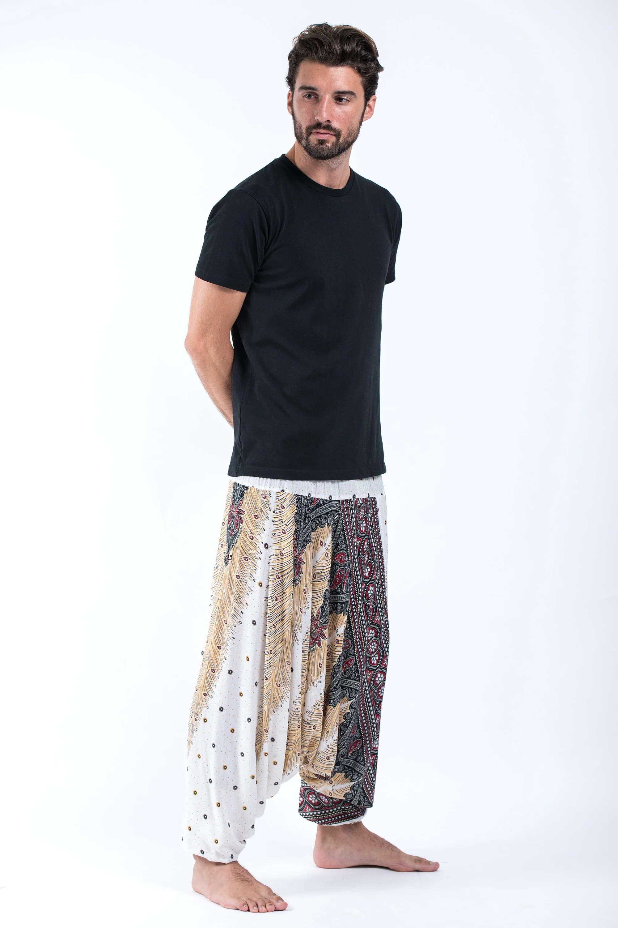 Peacock Feathers Drop Crotch Men's Harem Pants in White - Image 3