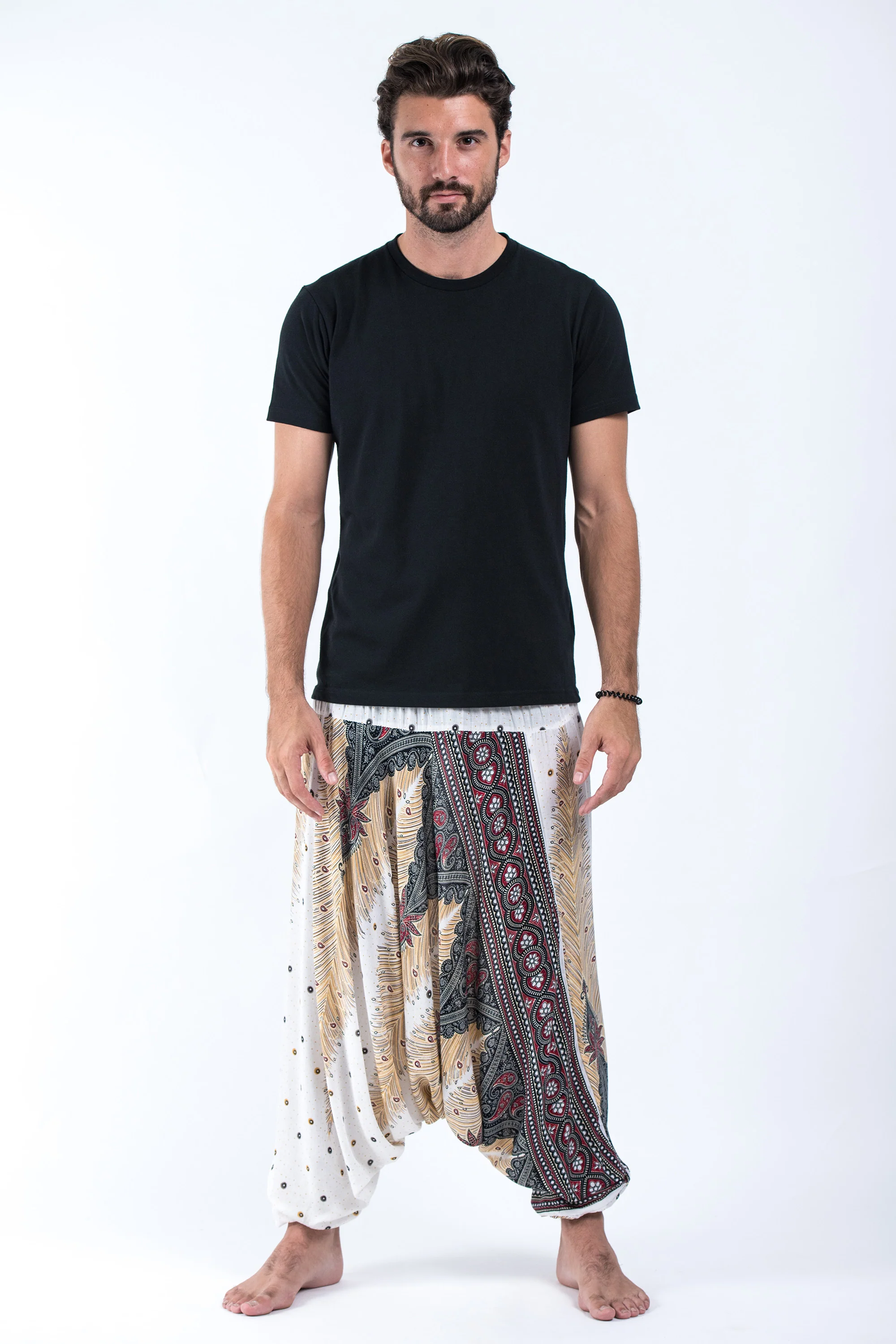 Peacock Feathers Drop Crotch Men's Harem Pants in White - Image 4