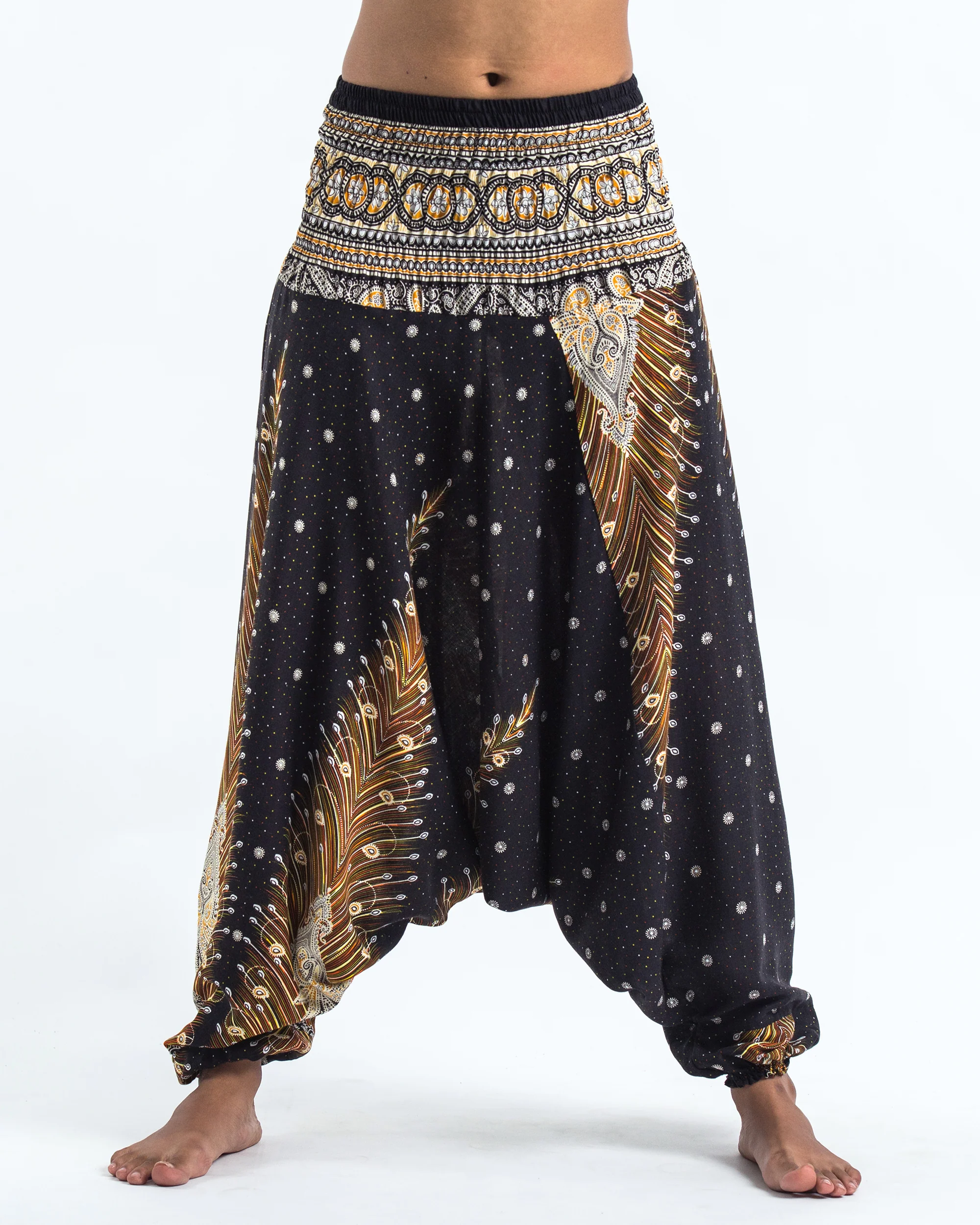 Peacock Feathers 2-in-1 Jumpsuit Harem Pants in Black - Image 2