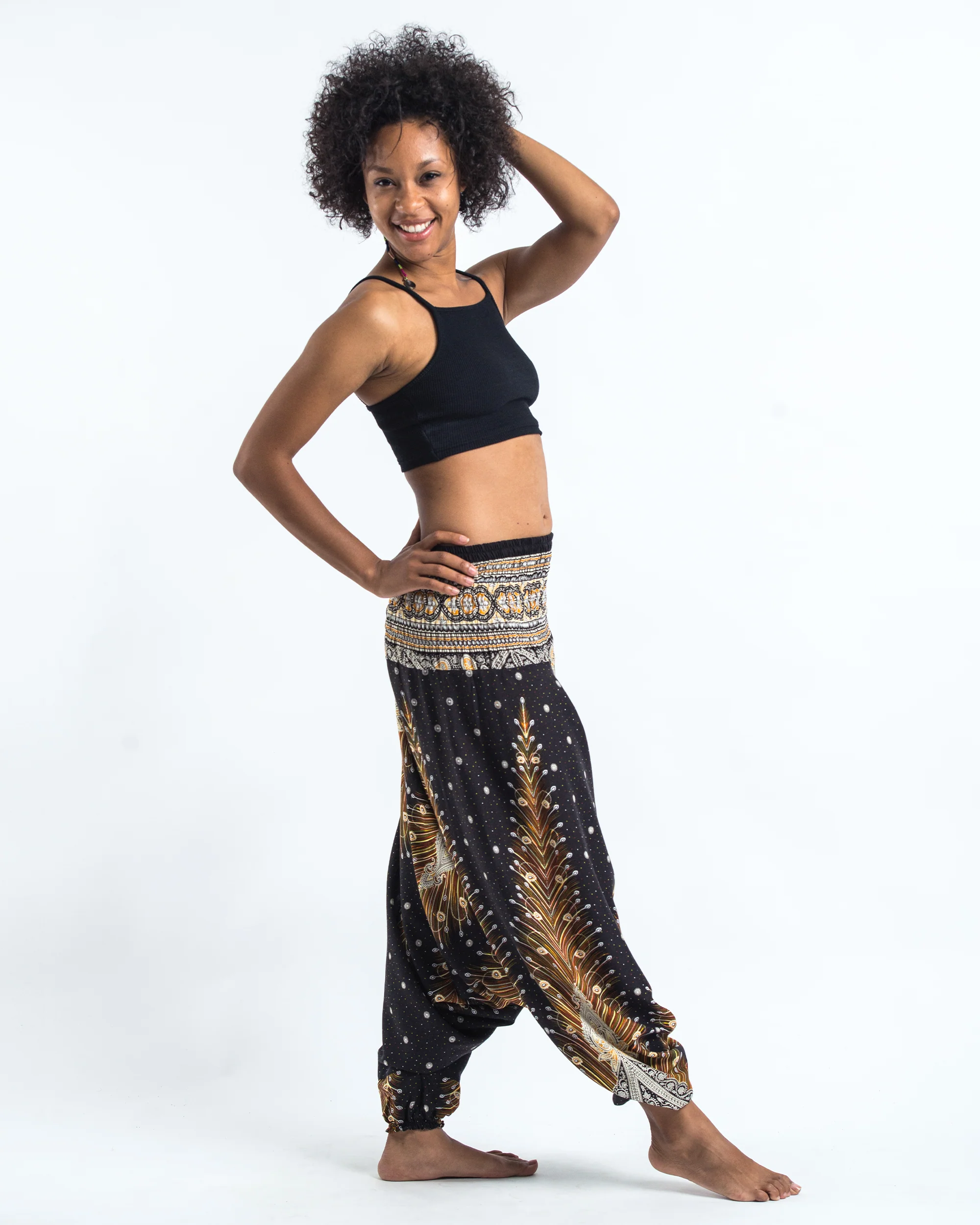 Peacock Feathers 2-in-1 Jumpsuit Harem Pants in Black - Image 3