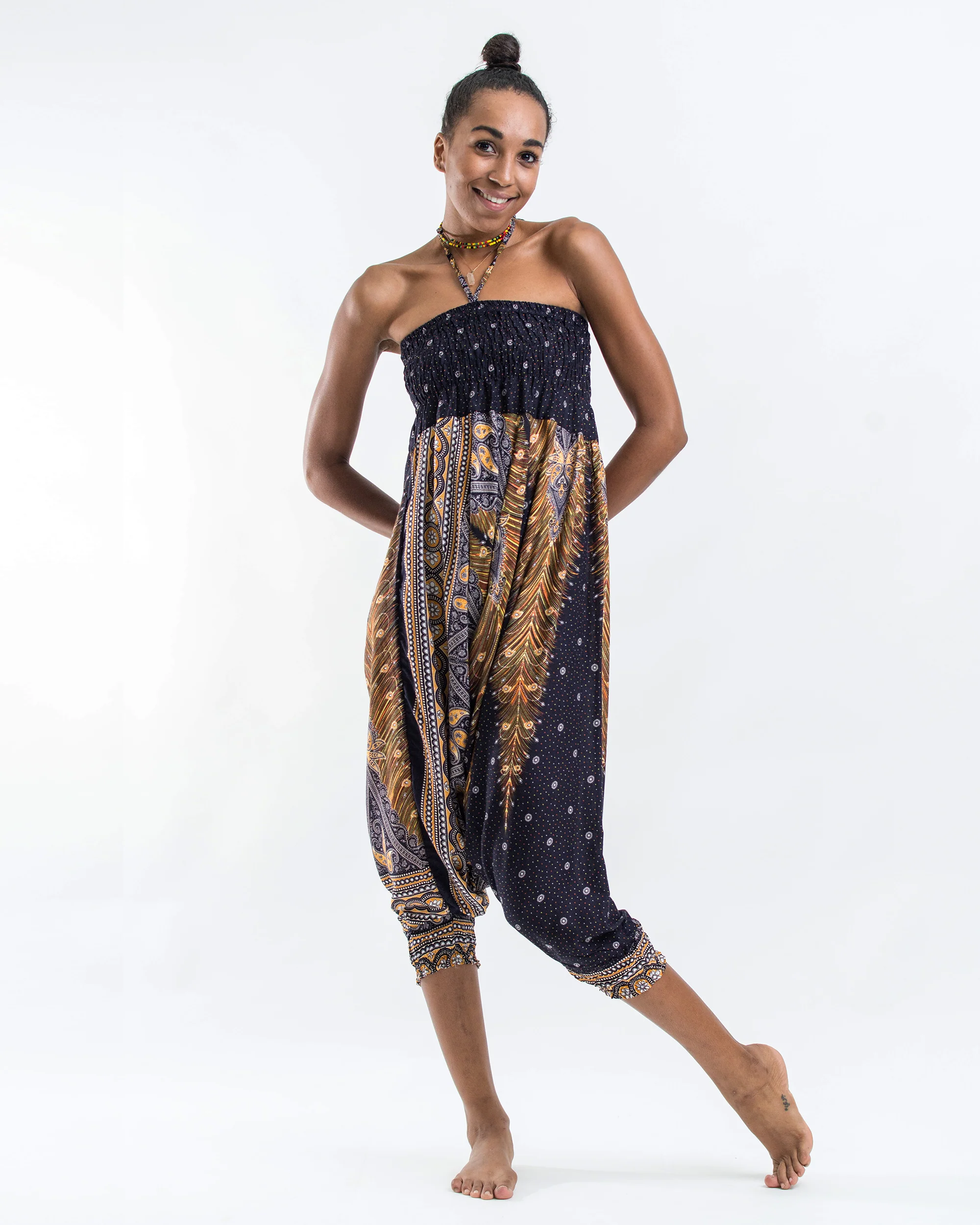 Peacock Feathers 2-in-1 Jumpsuit Harem Pants in Black - Image 4