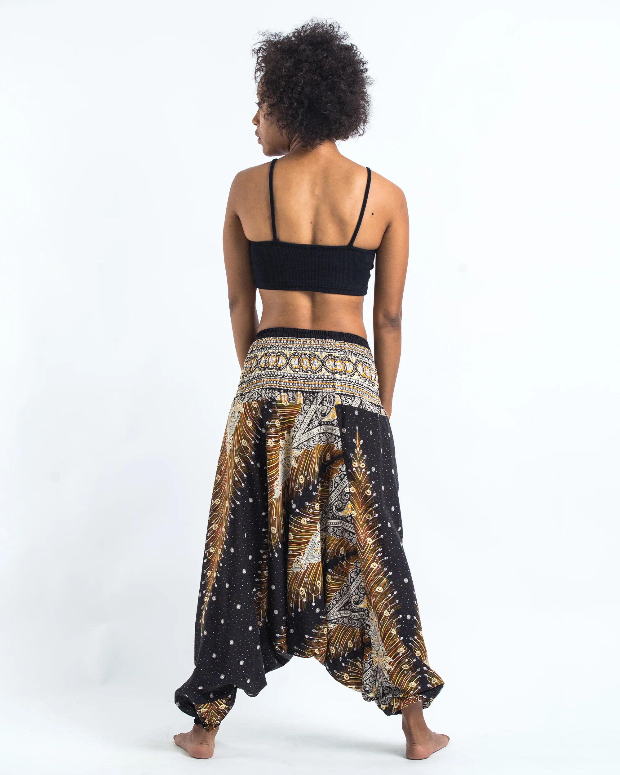 Peacock Feathers 2-in-1 Jumpsuit Harem Pants in Black - Image 5