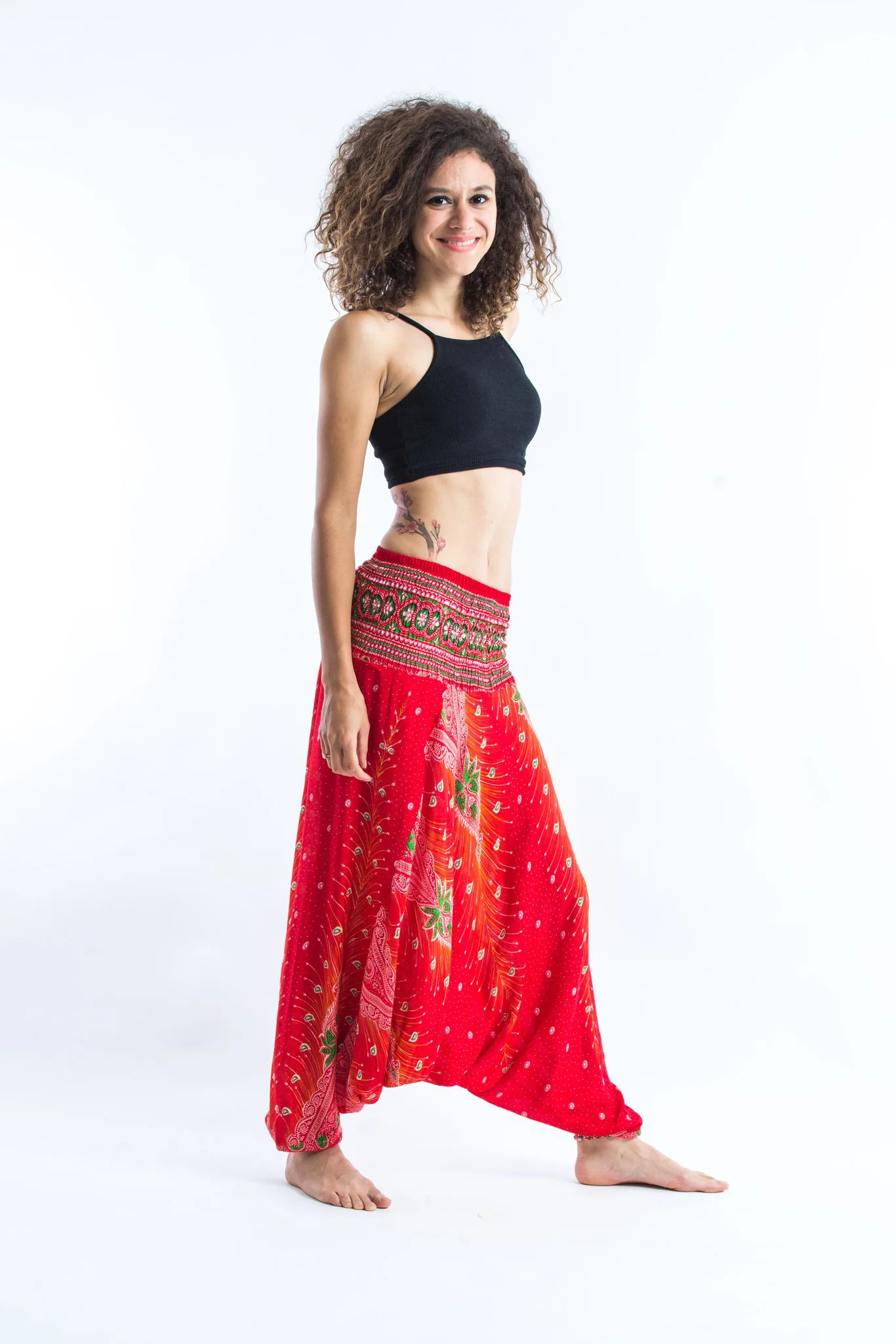 Peacock Feathers 2-in-1 Jumpsuit Harem Pants in Paradise Red