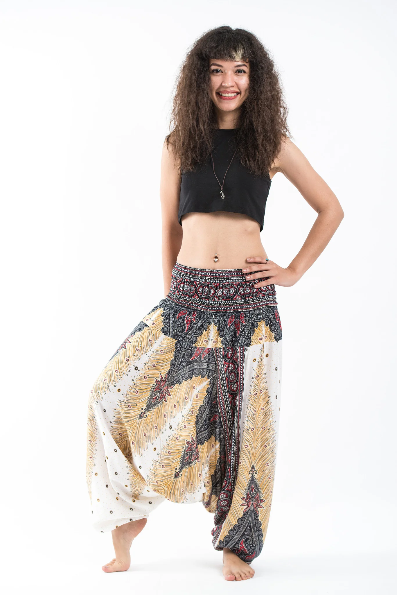 Peacock Feathers 2-in-1 Jumpsuit Harem Pants in White - Image 3