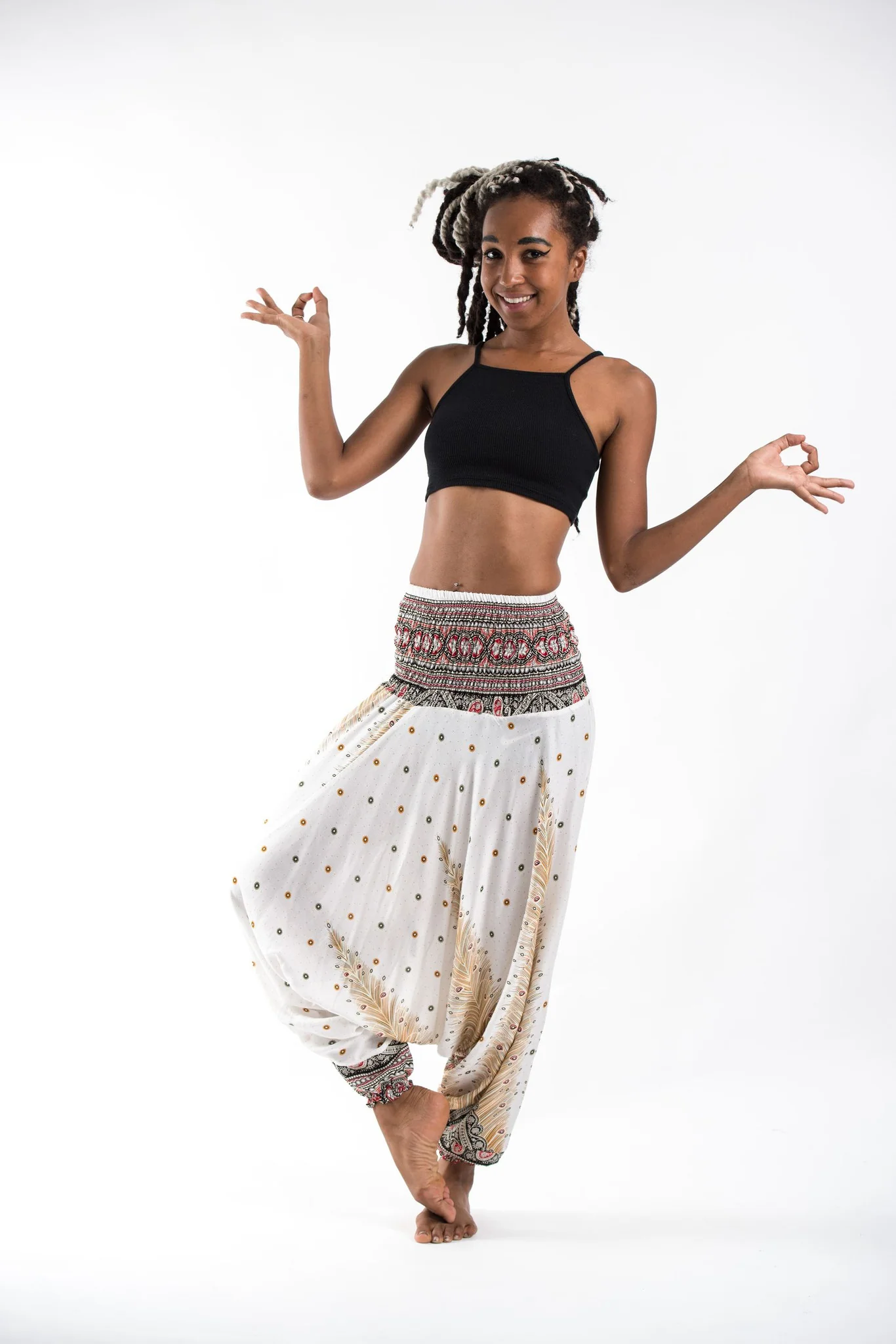Peacock Feathers 2-in-1 Jumpsuit Harem Pants in White - Image 4