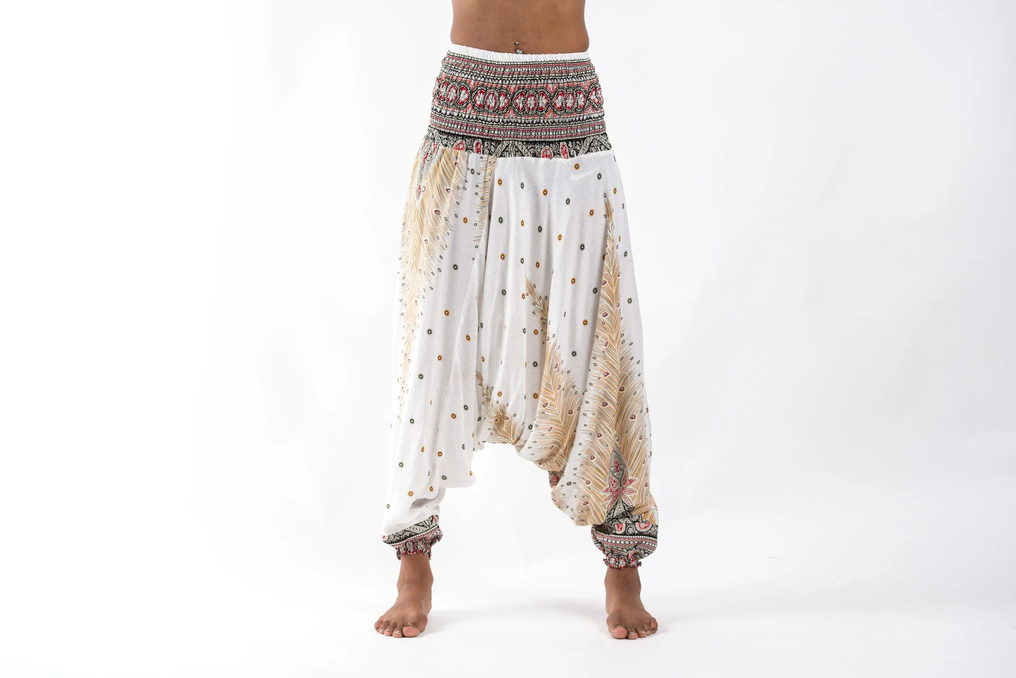 Peacock Feathers 2-in-1 Jumpsuit Harem Pants in White - Image 5