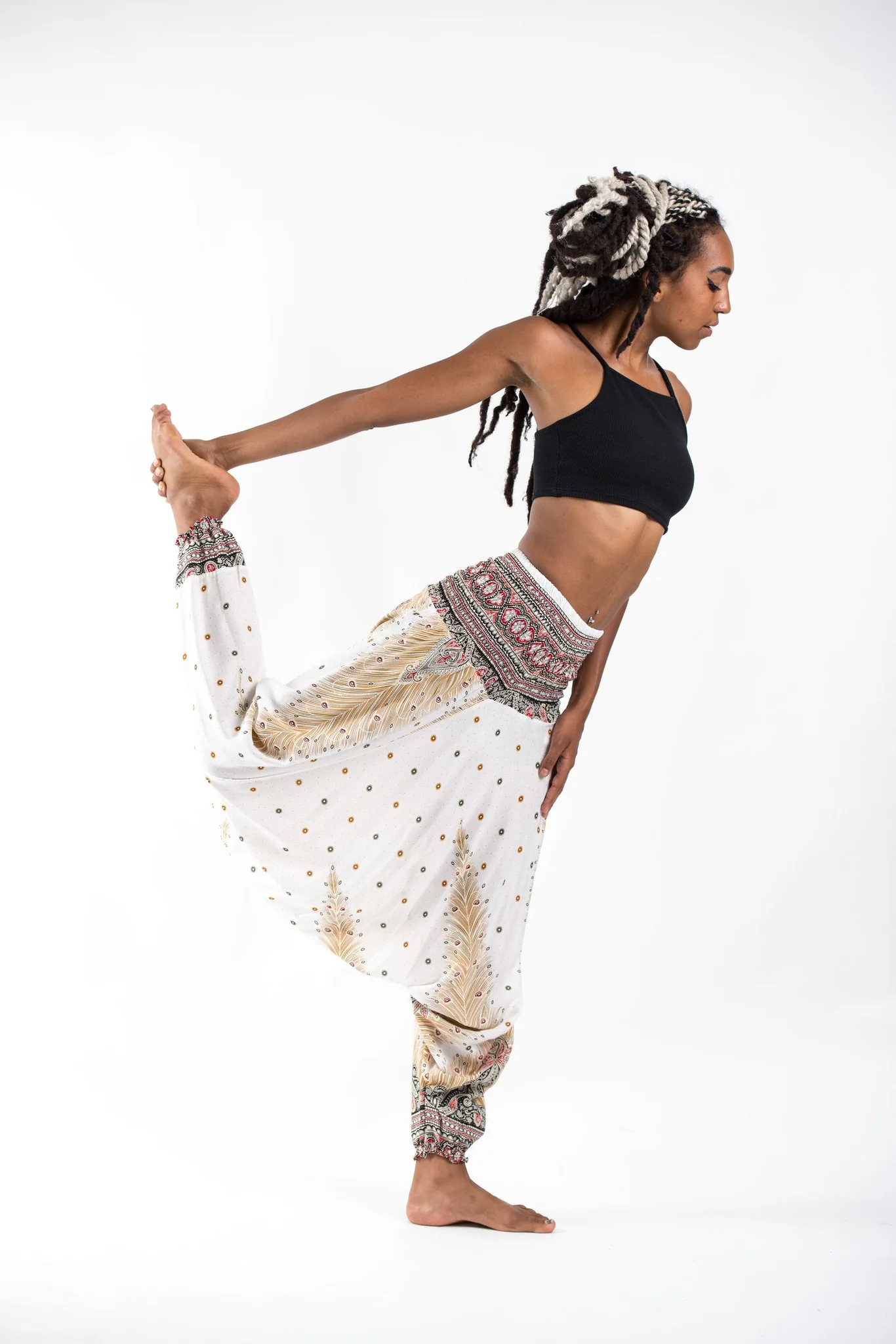 Peacock Feathers 2-in-1 Jumpsuit Harem Pants in White - Image 7