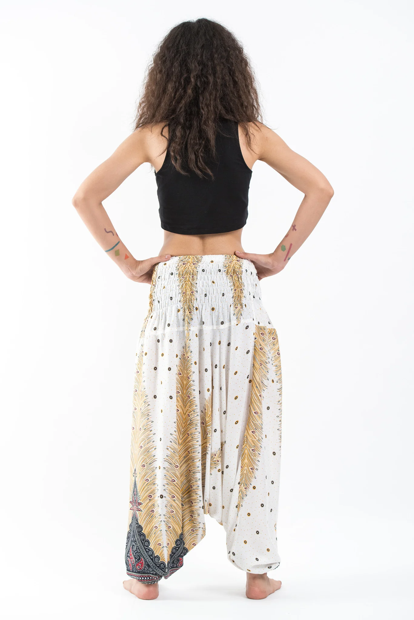 Peacock Feathers 2-in-1 Jumpsuit Harem Pants in White - Image 9