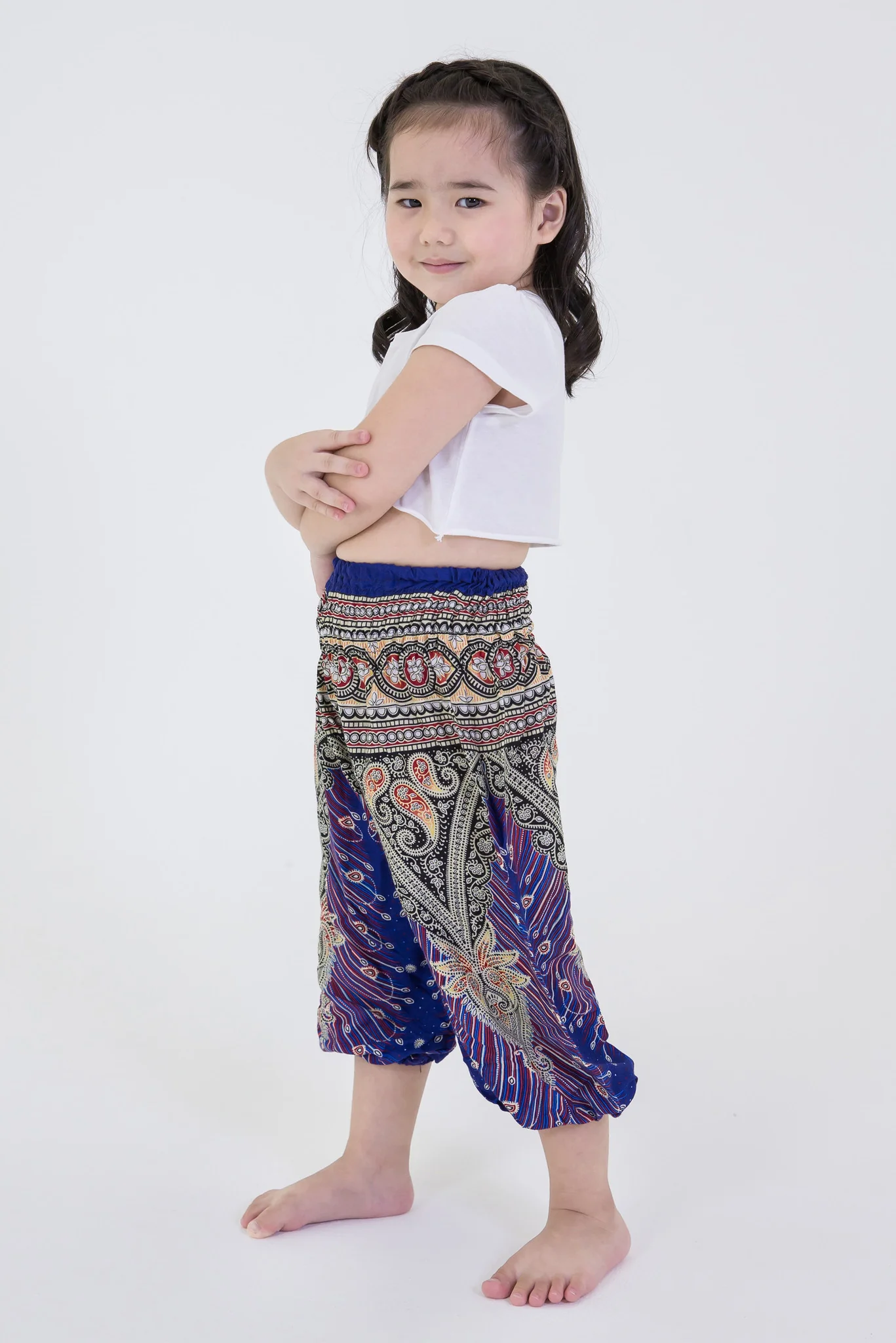 Peacock Feathers Kids Harem Pants in Blue - Image 3