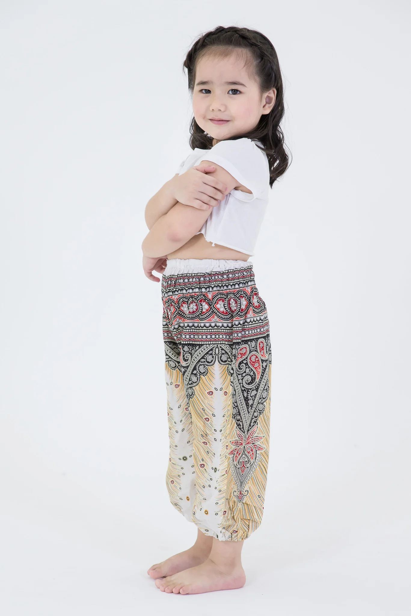 Peacock Feathers Kids Harem Pants in White - Image 3
