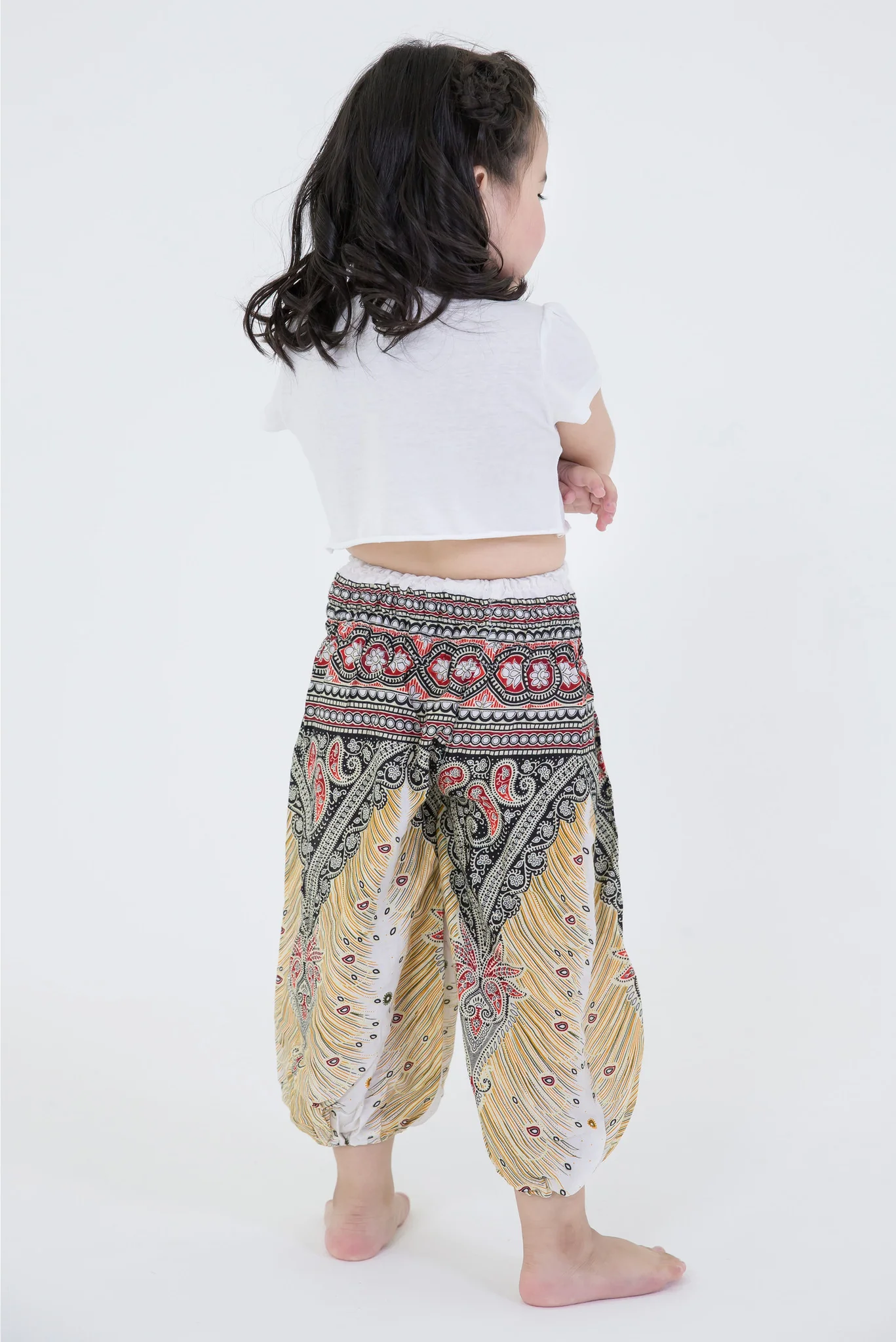 Peacock Feathers Kids Harem Pants in White - Image 4