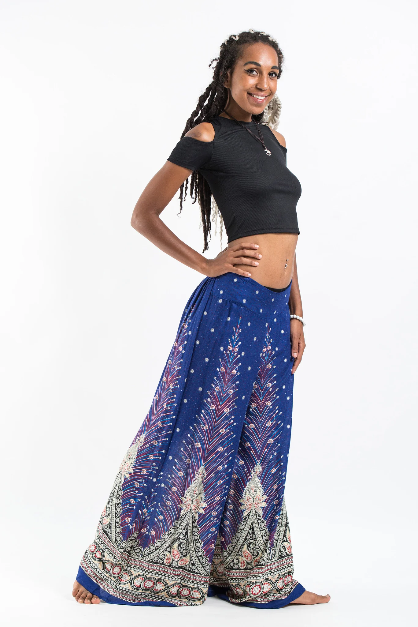 Peacock Feathers Palazzo Style Harem Pants in Blue - Image 3