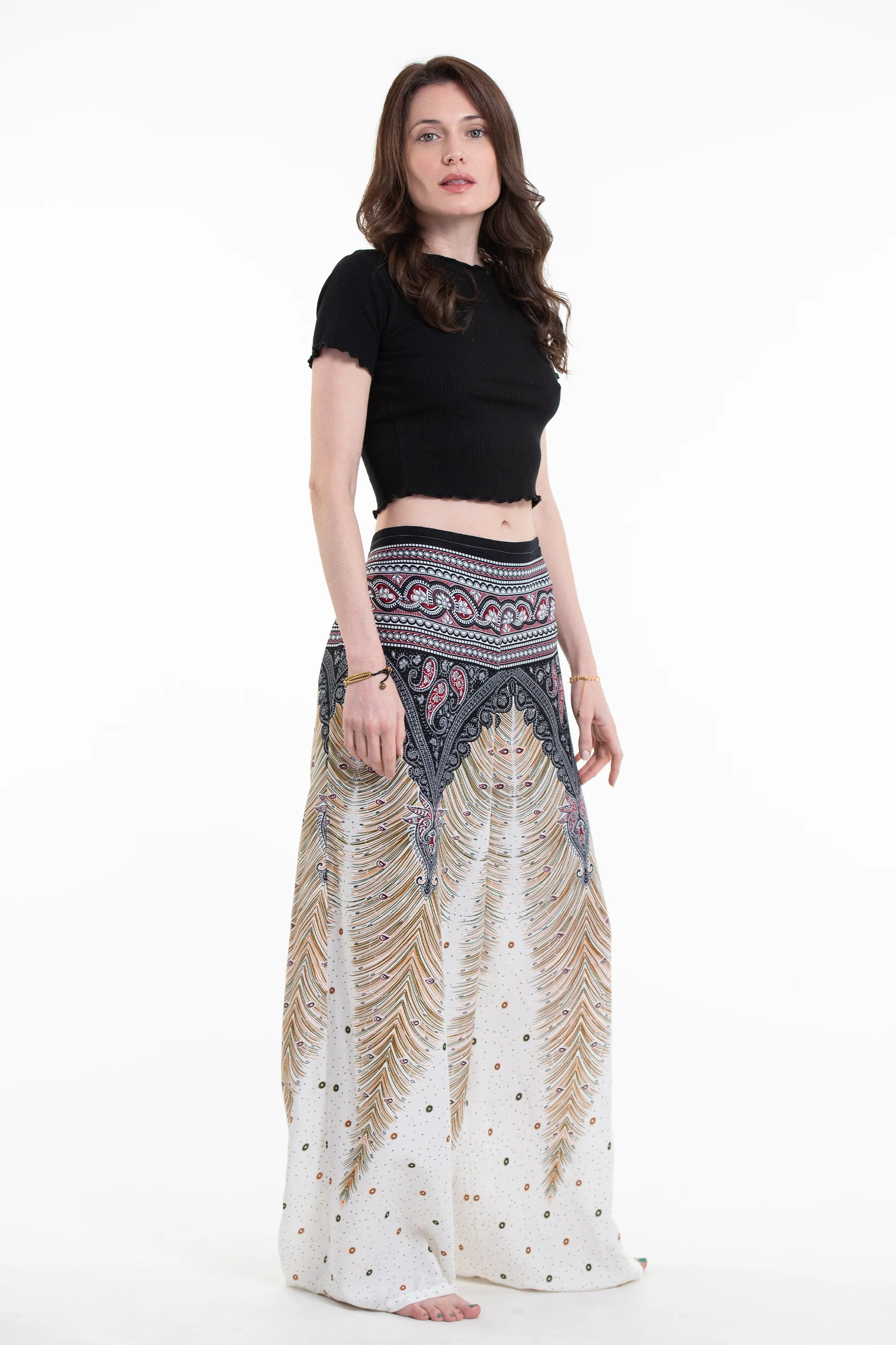 Peacock Feathers Palazzo Style Harem Pants in White