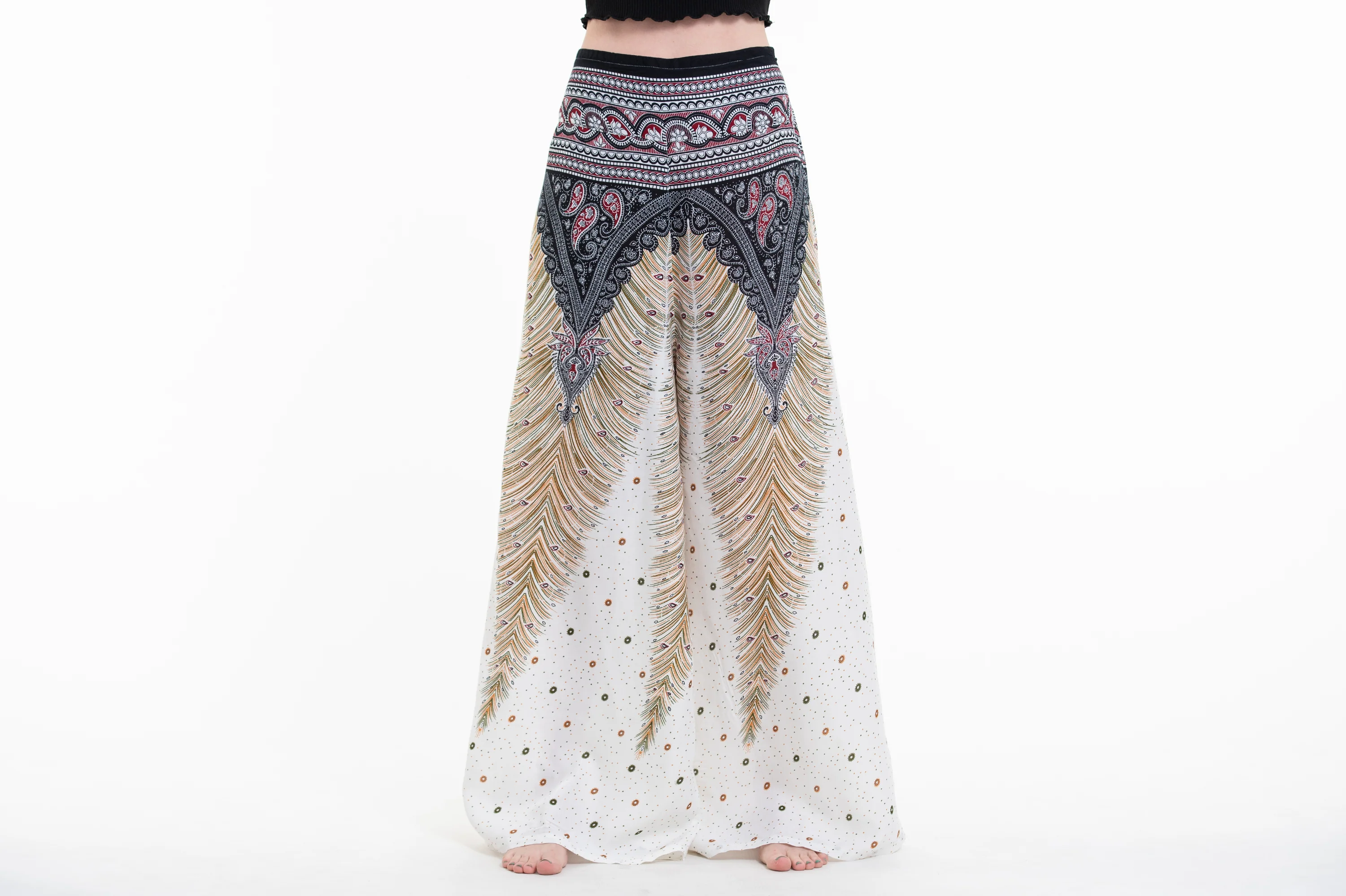 Peacock Feathers Palazzo Style Harem Pants in White - Image 2