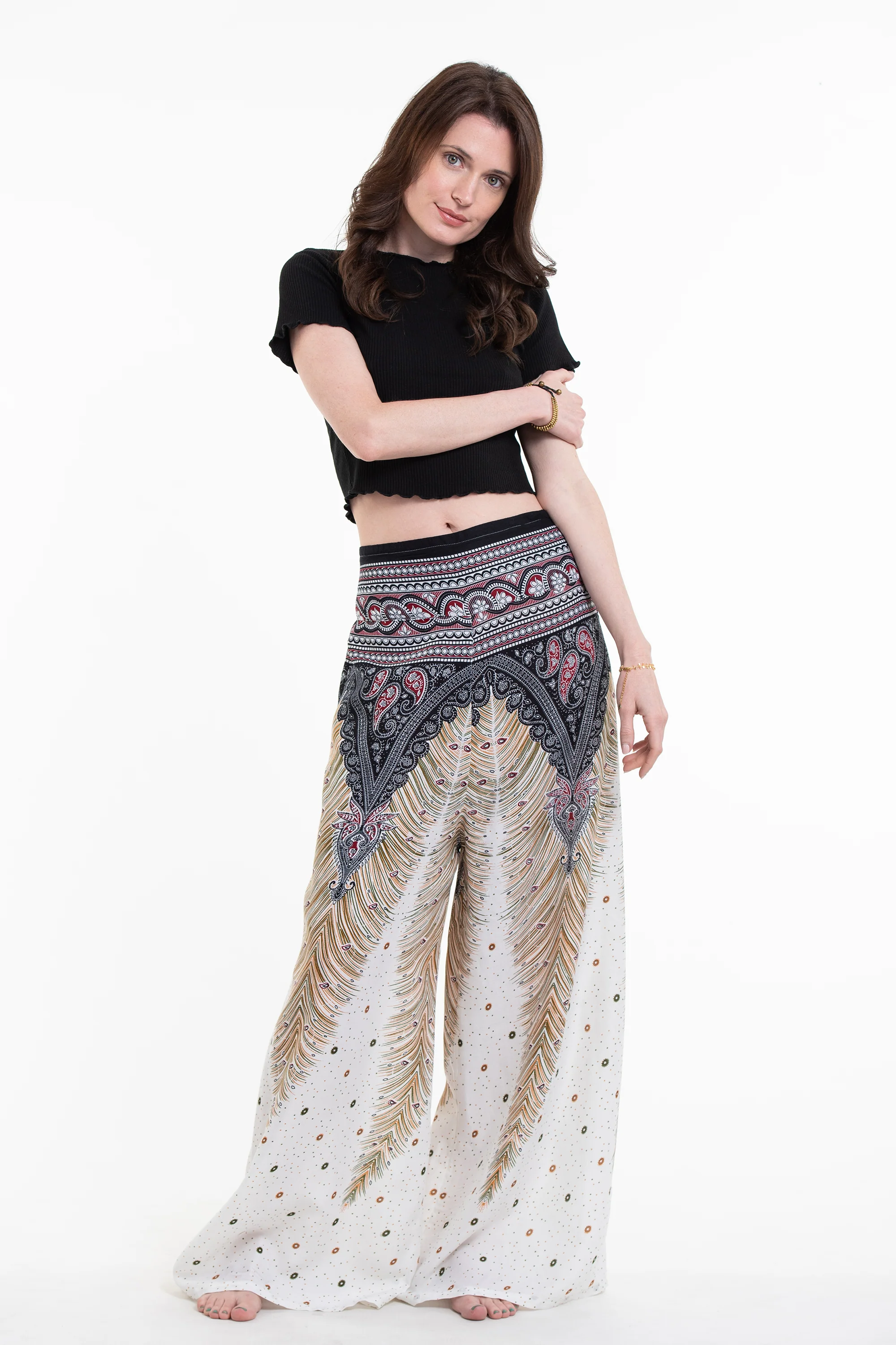 Peacock Feathers Palazzo Style Harem Pants in White - Image 3