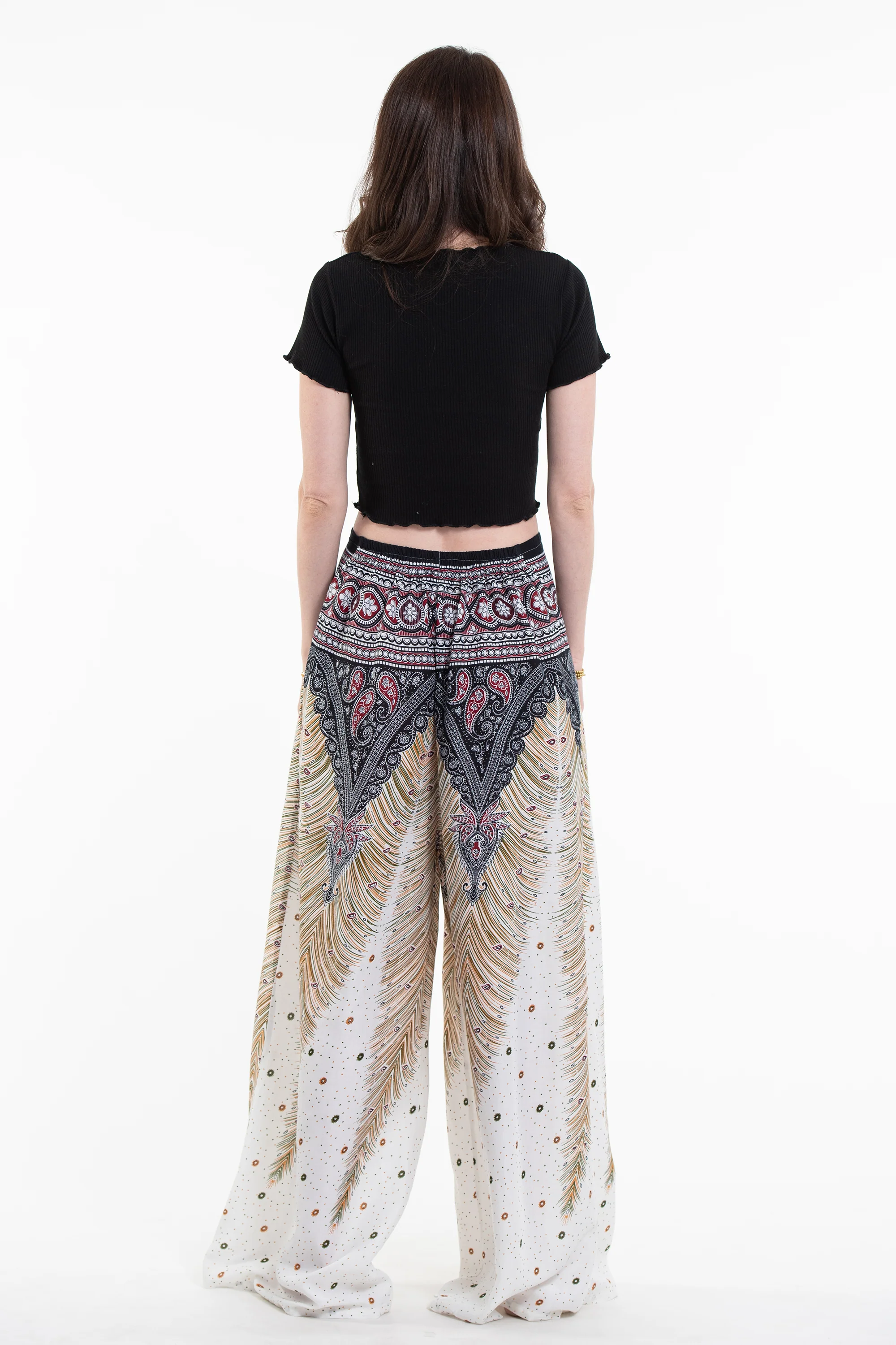 Peacock Feathers Palazzo Style Harem Pants in White - Image 4