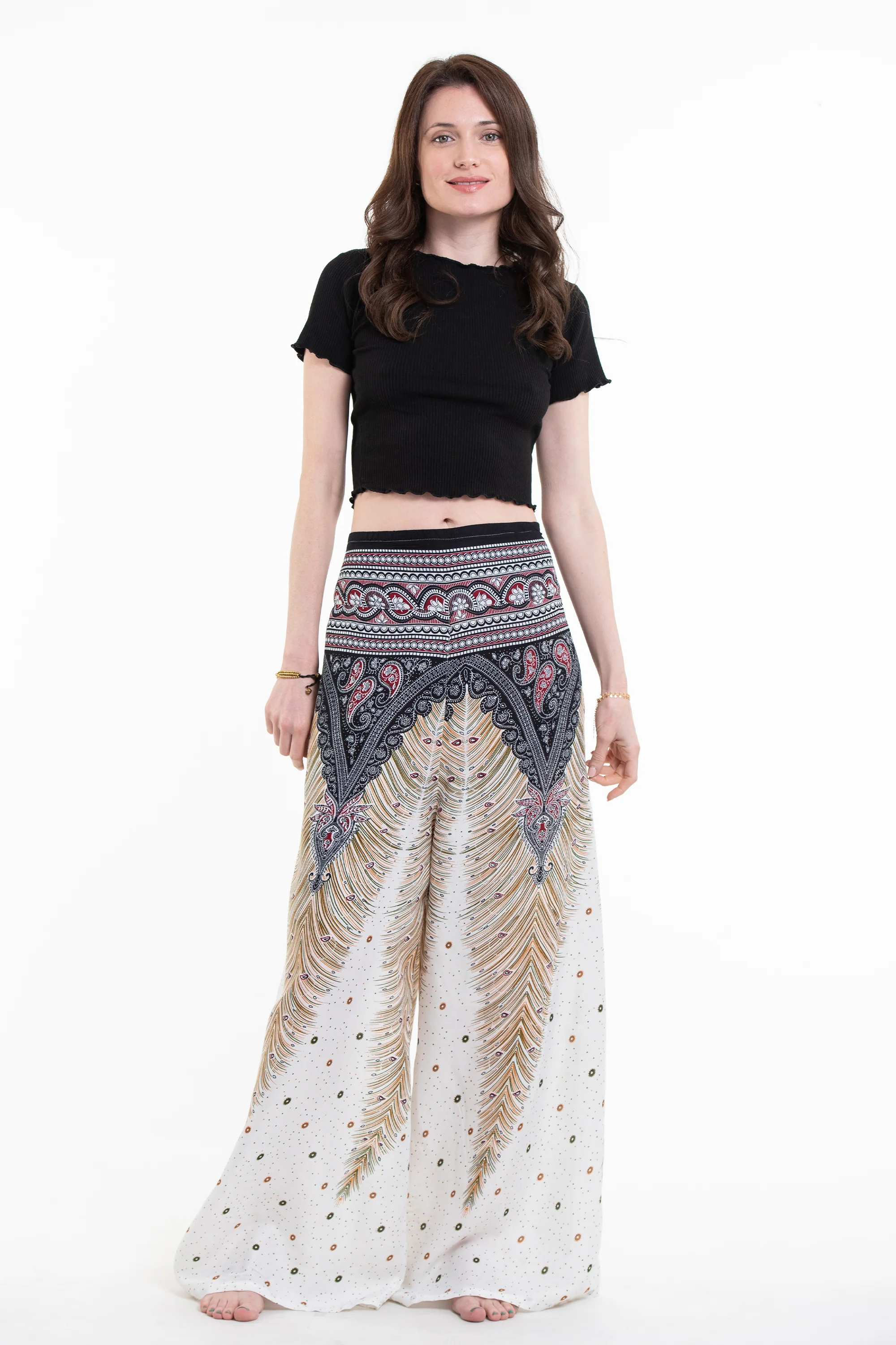 Peacock Feathers Palazzo Style Harem Pants in White - Image 5