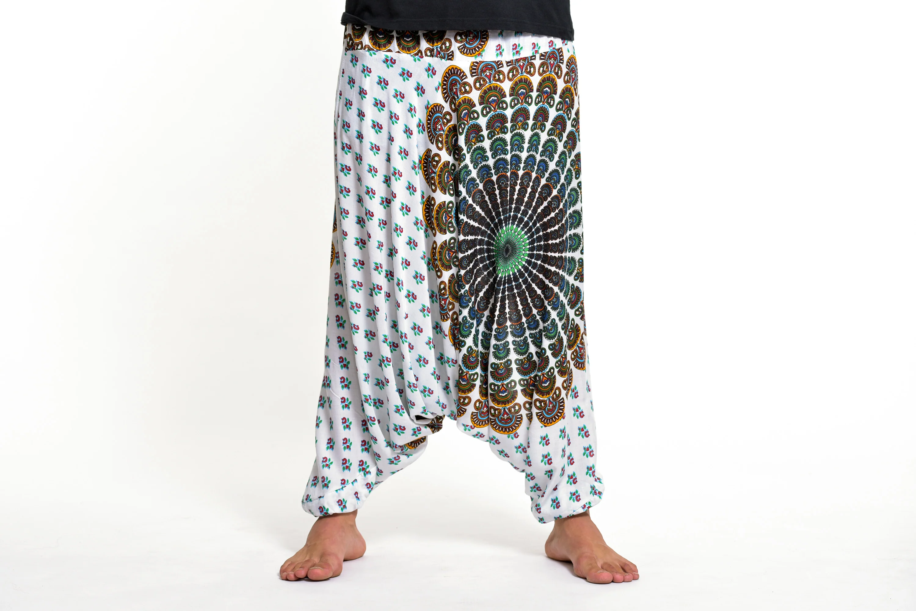 Peacock Mandalas Drop Crotch Men's Harem Pants in White - Image 2